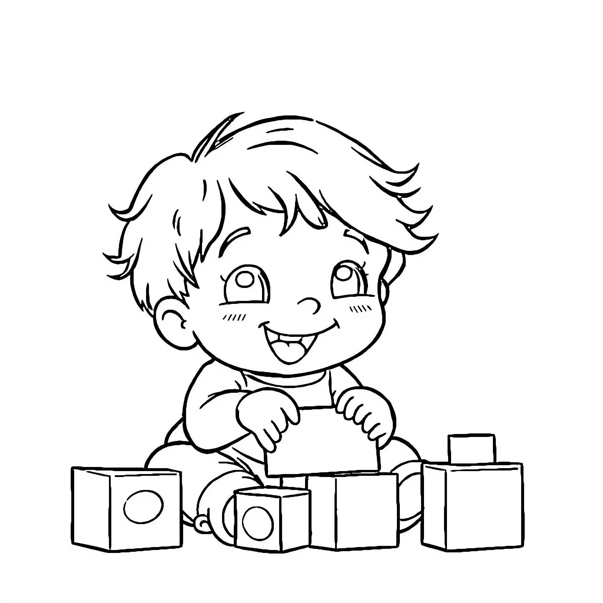 Toddler playing joyfully with building blocks Coloring Page (free black-and-white line drawing printable PDF for all, from beginners to advanced learners, including children, teens, adults, and seniors)