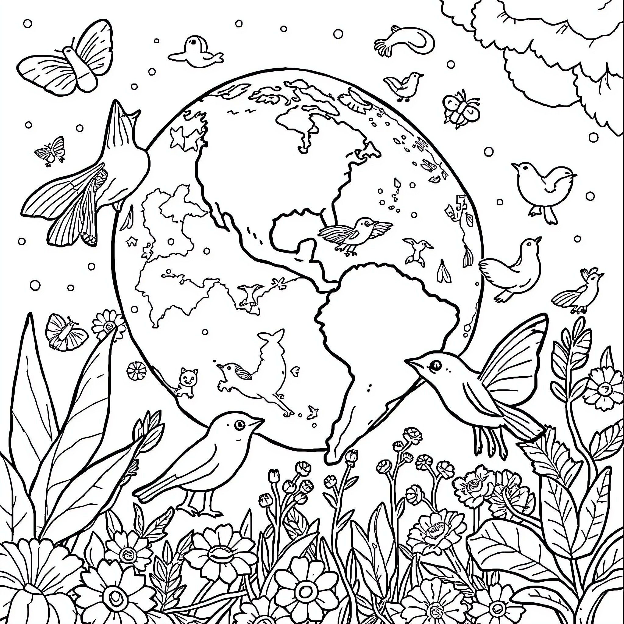 Creature exploring the diverse world landscape Coloring Page (free black-and-white line drawing printable PDF for all, from beginners to advanced learners, including children, teens, adults, and seniors)