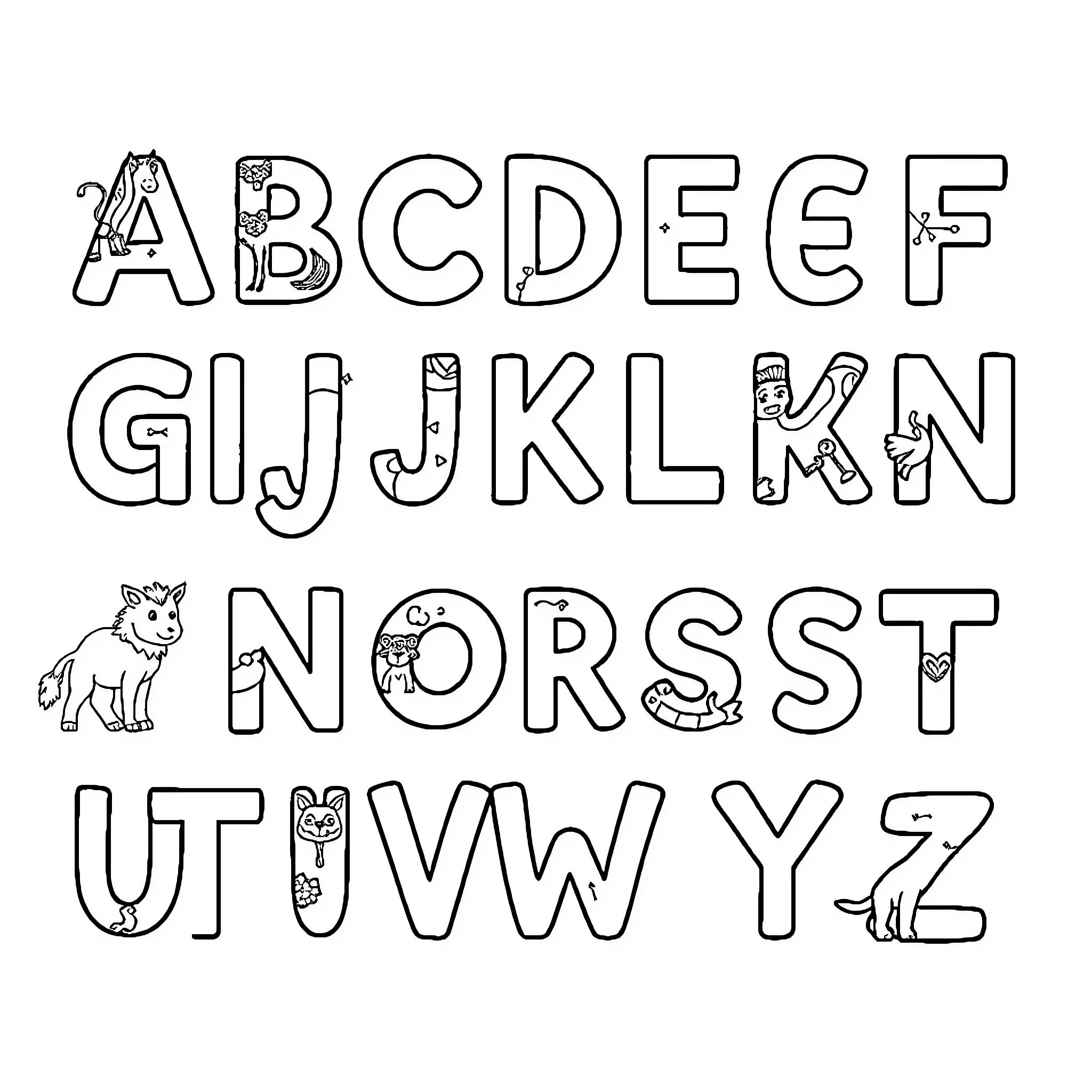 Alphabet of Illustrated Animals and Objects Coloring Page (free black-and-white line drawing printable PDF for all, from beginners to advanced learners, including children, teens, adults, and seniors)