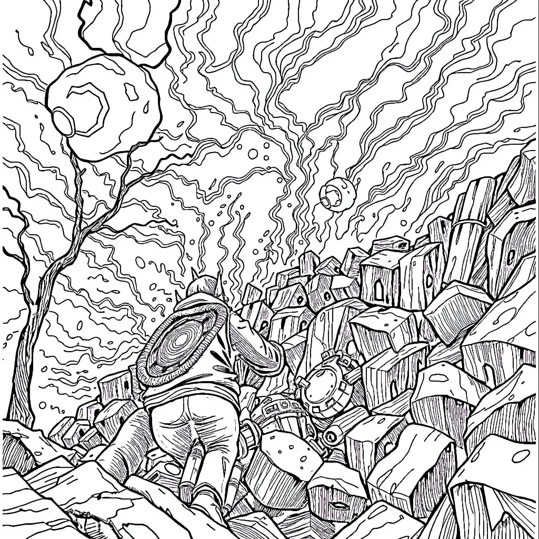 Consequence of a Cosmic Collision Coloring Page (free black-and-white line drawing printable PDF for all, from beginners to advanced learners, including children, teens, adults, and seniors)