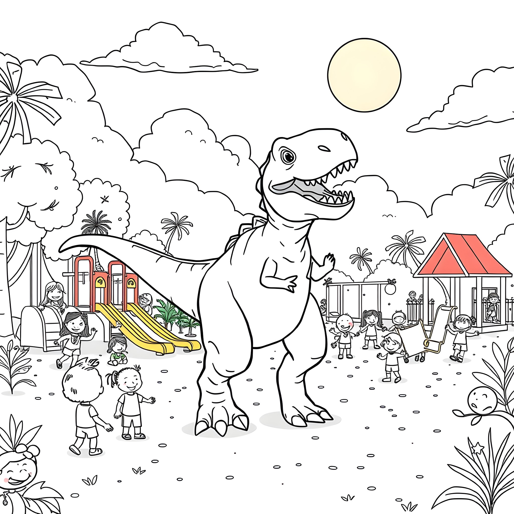 Dinosaur adventure in a colorful tropical playground Coloring Page (free black-and-white line drawing printable PDF for all, from beginners to advanced learners, including children, teens, adults, and seniors)