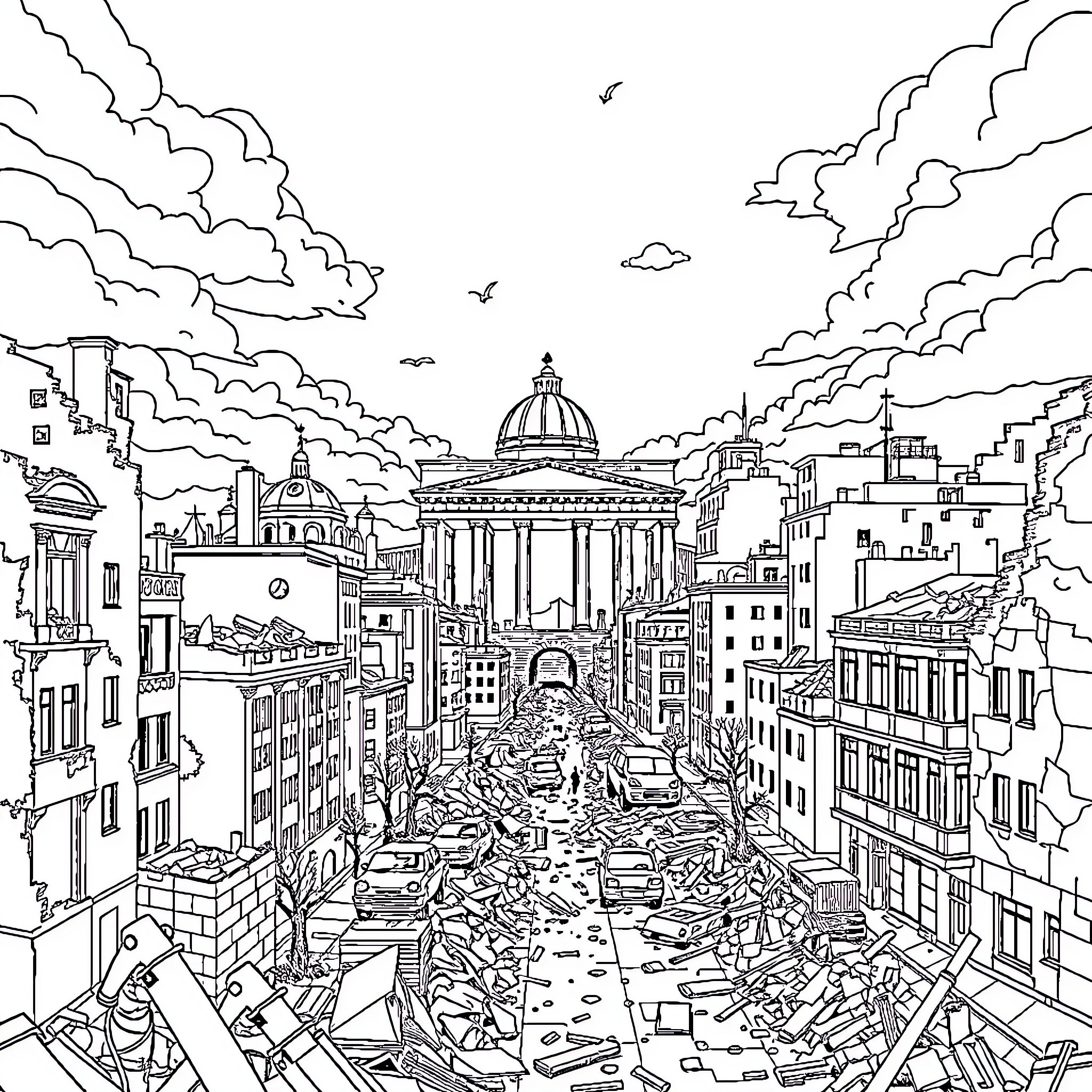 Berlin cityscape with destroyed buildings and debris Coloring Page (free black-and-white line drawing printable PDF for all, from beginners to advanced learners, including children, teens, adults, and seniors)