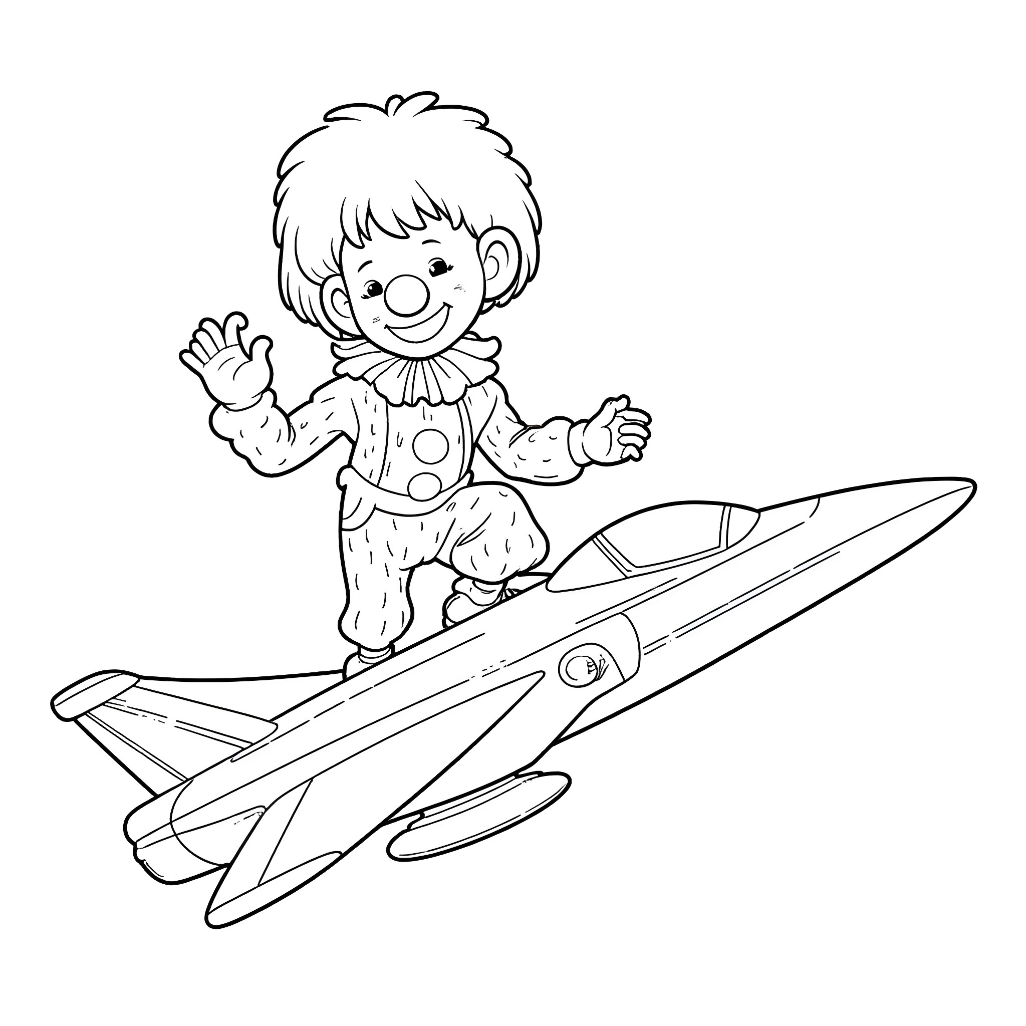Fighter Jet Riding by Joyful Clown Figure Coloring Page (free black-and-white line drawing printable PDF for all, from beginners to advanced learners, including children, teens, adults, and seniors)