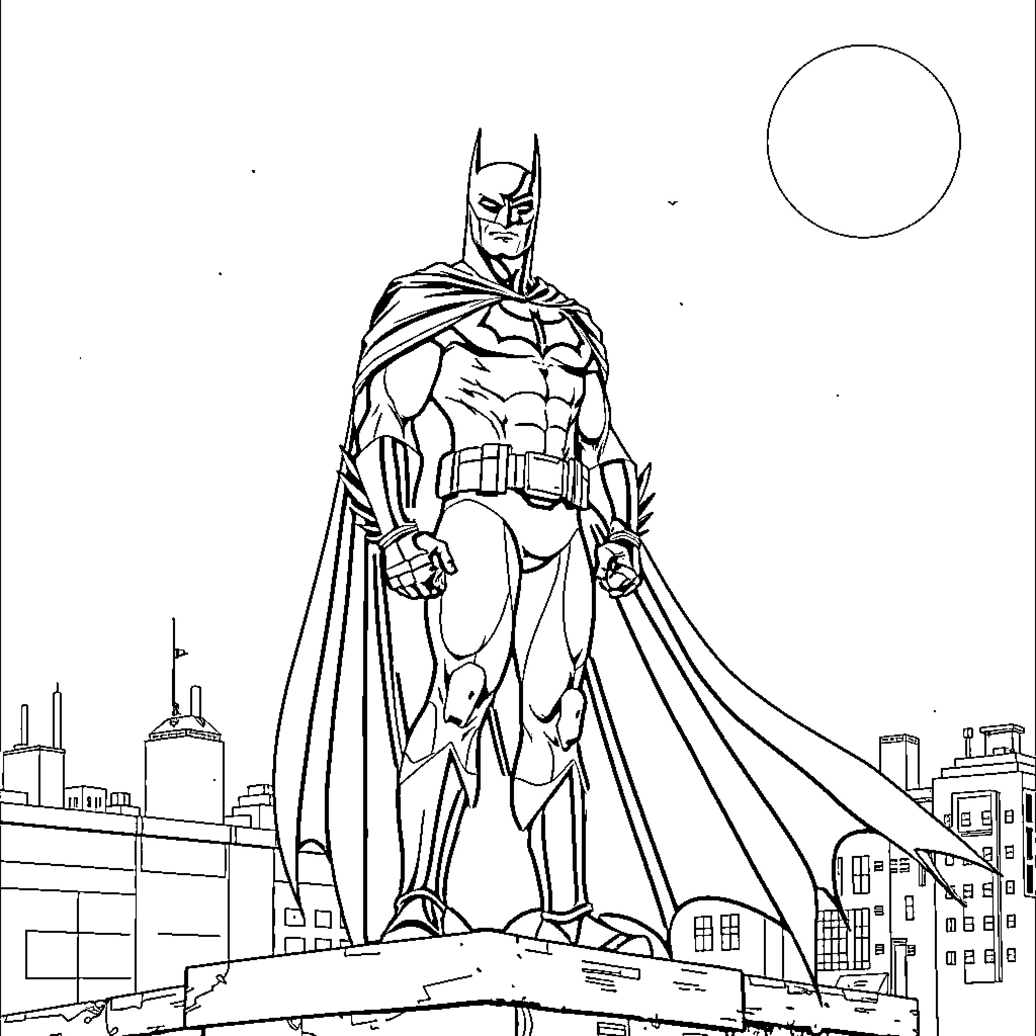 Bathman surveying the city at night Coloring Page (free black-and-white line drawing printable PDF for all, from beginners to advanced learners, including children, teens, adults, and seniors)