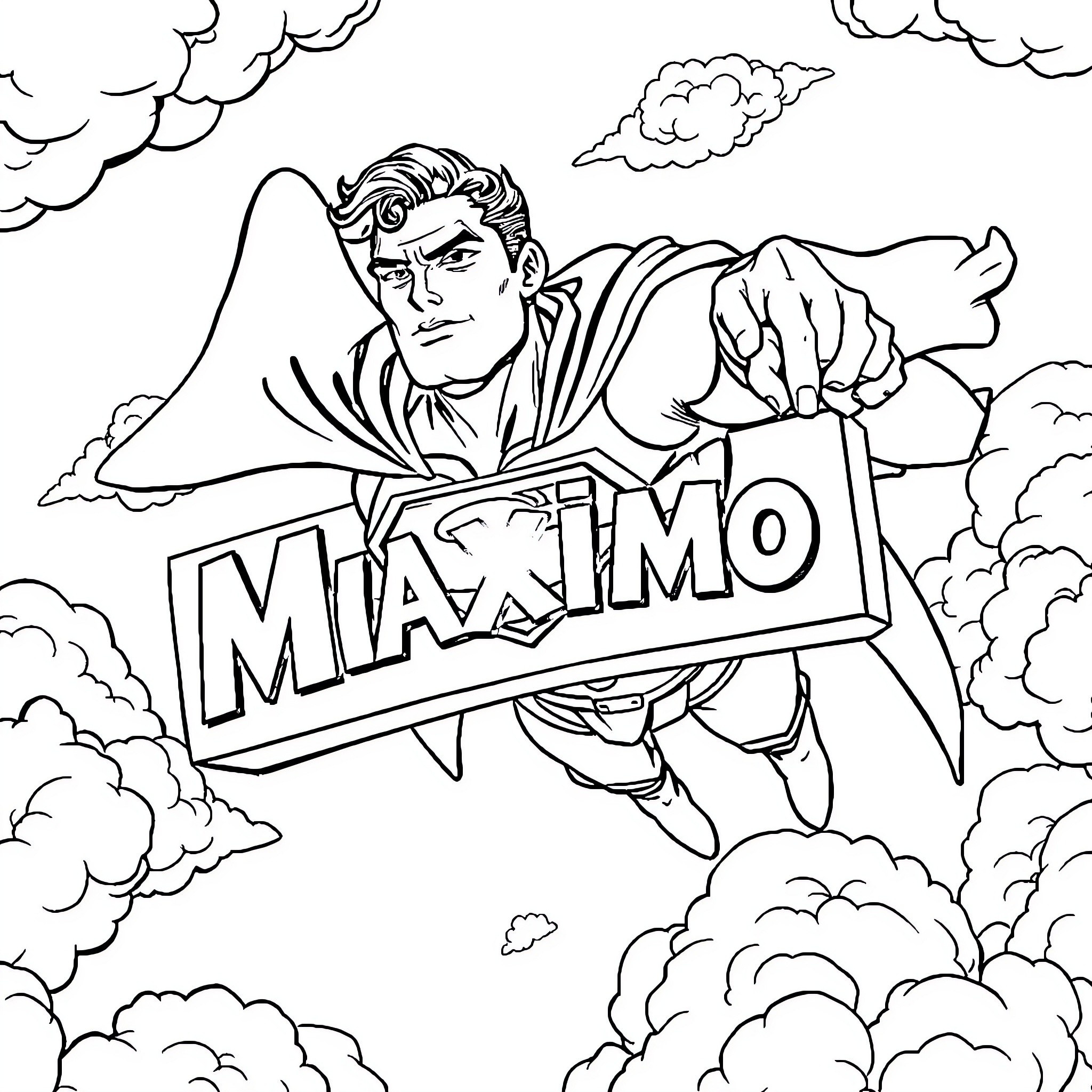 Superman soaring through clouds with 'Miami' sign Coloring Page (free black-and-white line drawing printable PDF for all, from beginners to advanced learners, including children, teens, adults, and seniors)