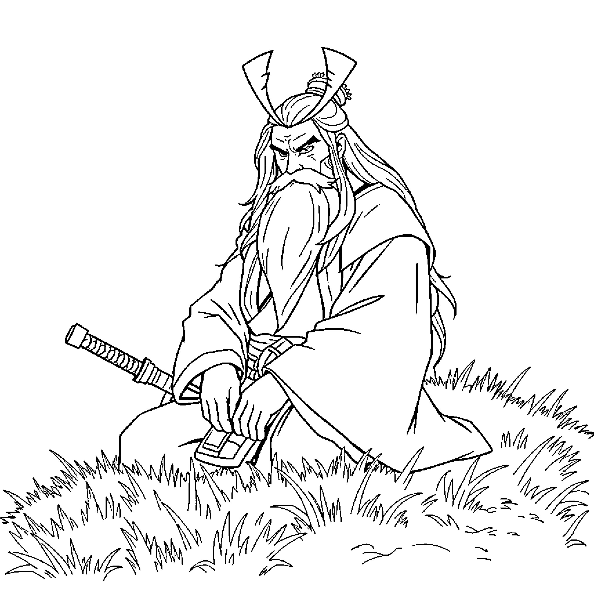 Samurai Jack in a pensive moment Coloring Page (free black-and-white line drawing printable PDF for all, from beginners to advanced learners, including children, teens, adults, and seniors)