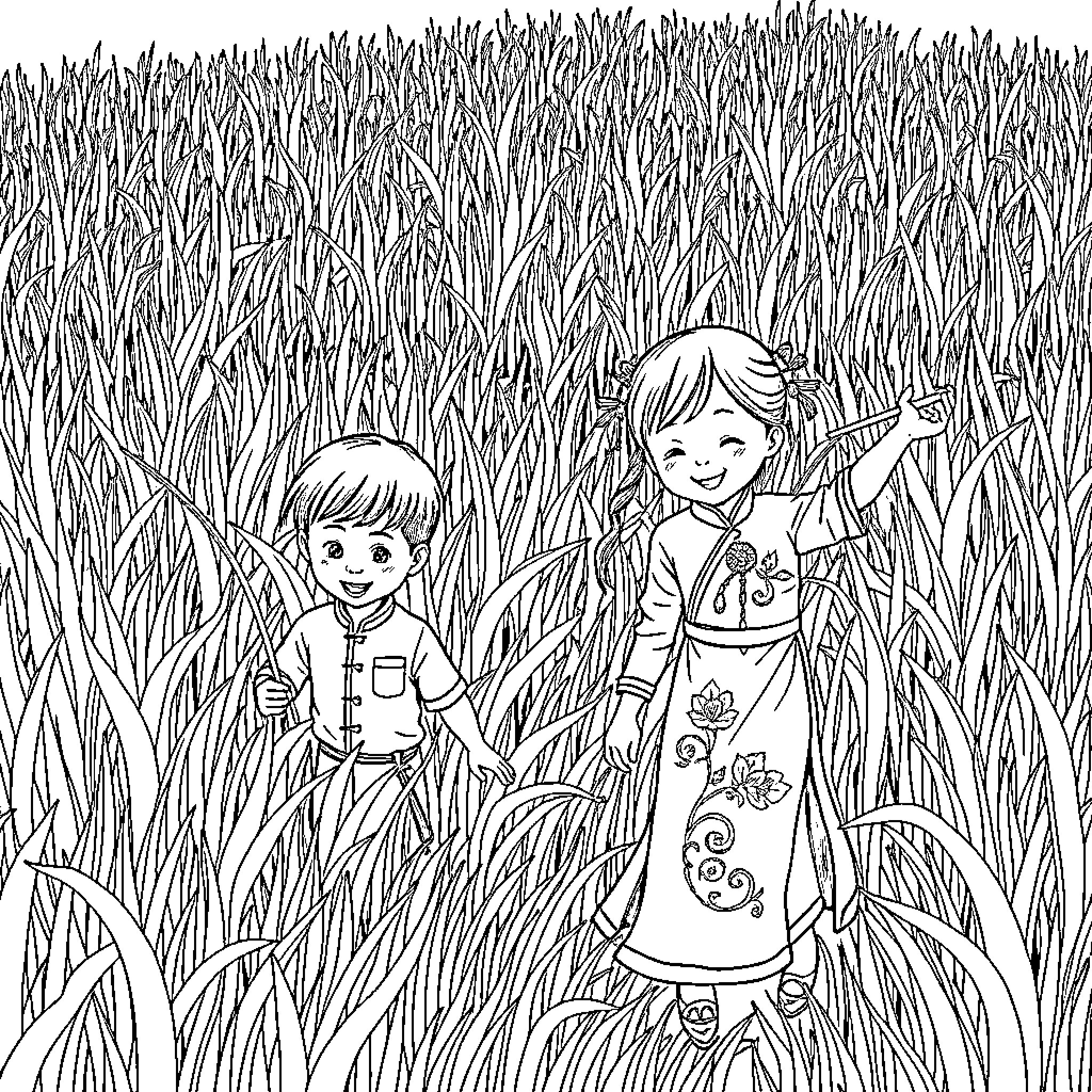 Children exploring the tall grass field Coloring Page (free black-and-white line drawing printable PDF for all, from beginners to advanced learners, including children, teens, adults, and seniors)