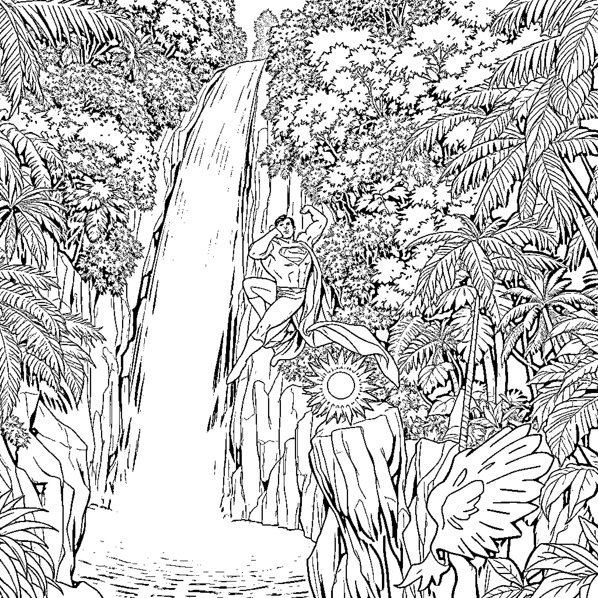 Superman exploring a lush jungle waterfall Coloring Page (free black-and-white line drawing printable PDF for all, from beginners to advanced learners, including children, teens, adults, and seniors)