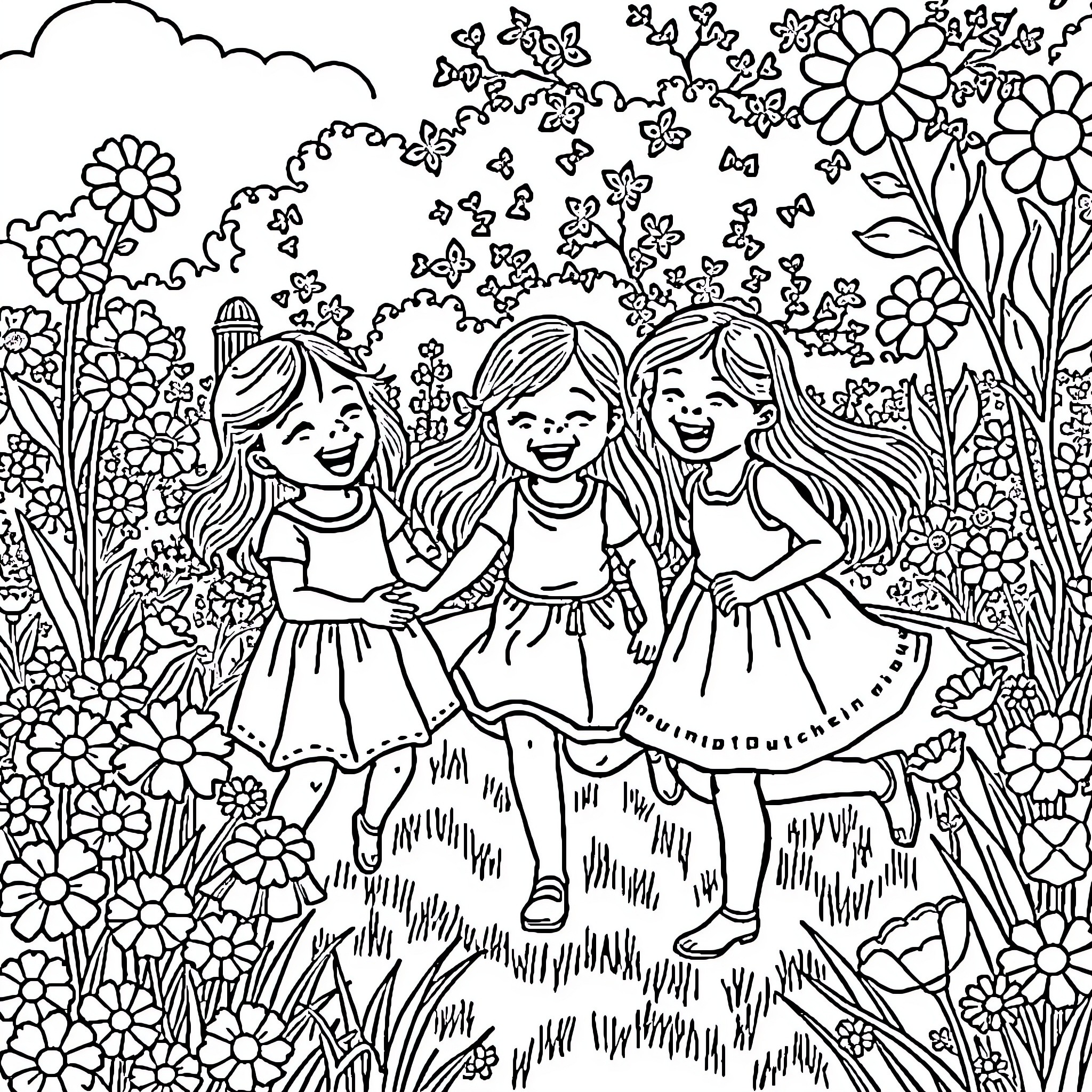 Girls enjoying nature and flowers in a garden Coloring Page (free black-and-white line drawing printable PDF for all, from beginners to advanced learners, including children, teens, adults, and seniors)