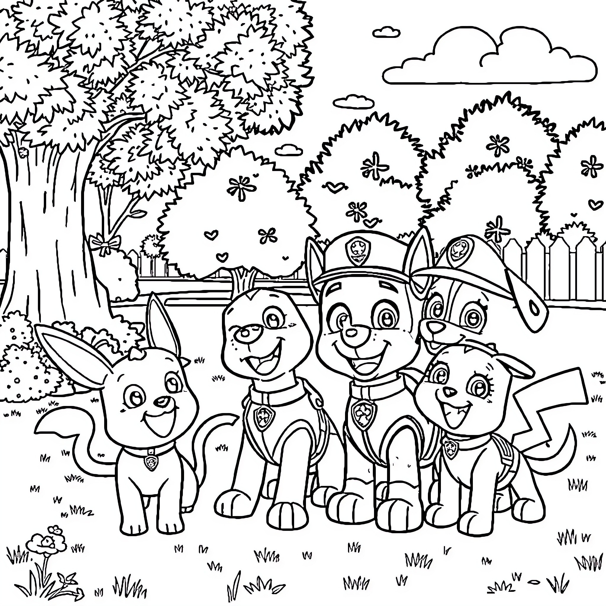Paw Patrol characters in a forest landscape Coloring Page (free black-and-white line drawing printable PDF for all, from beginners to advanced learners, including children, teens, adults, and seniors)