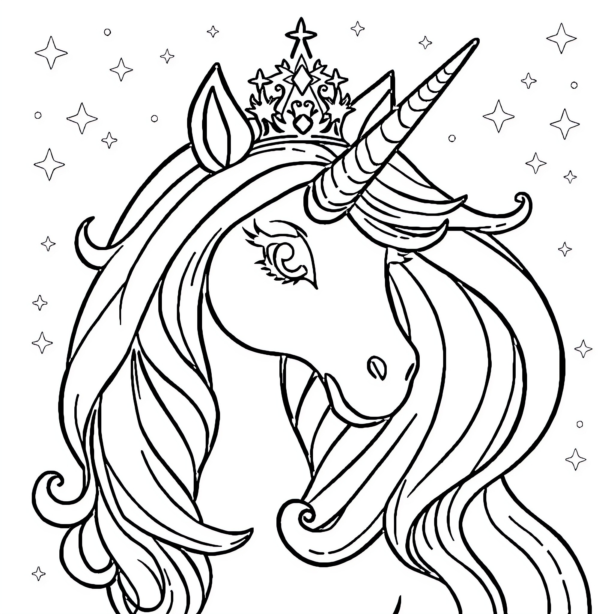 Unicorn with crown and stars Coloring Page (free black-and-white line drawing printable PDF for all, from beginners to advanced learners, including children, teens, adults, and seniors)