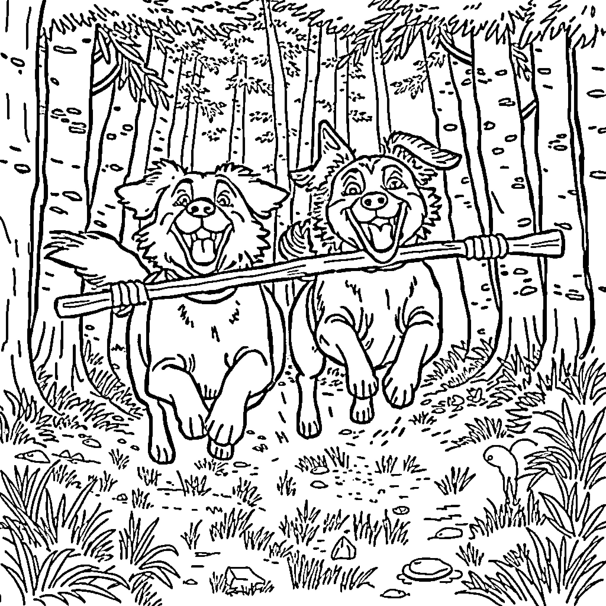 Dogs playing together in the forest Coloring Page (free black-and-white line drawing printable PDF for all, from beginners to advanced learners, including children, teens, adults, and seniors)