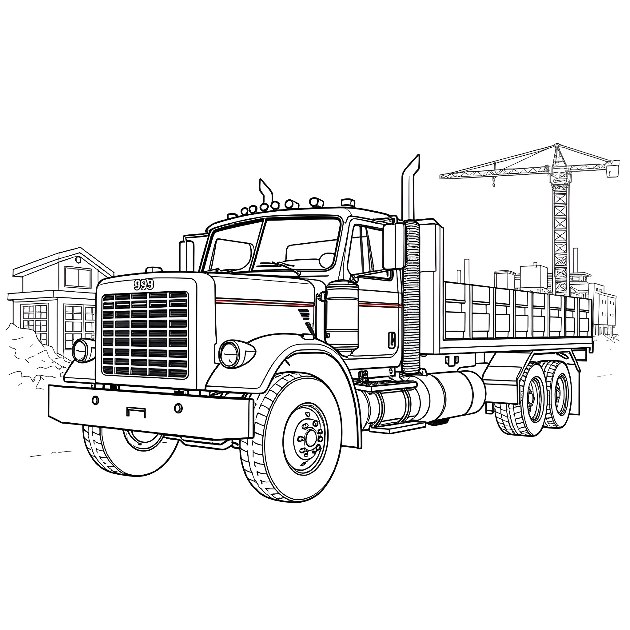 Flatbed truck transporting construction materials at work site Coloring Page (free black-and-white line drawing printable PDF for all, from beginners to advanced learners, including children, teens, adults, and seniors)