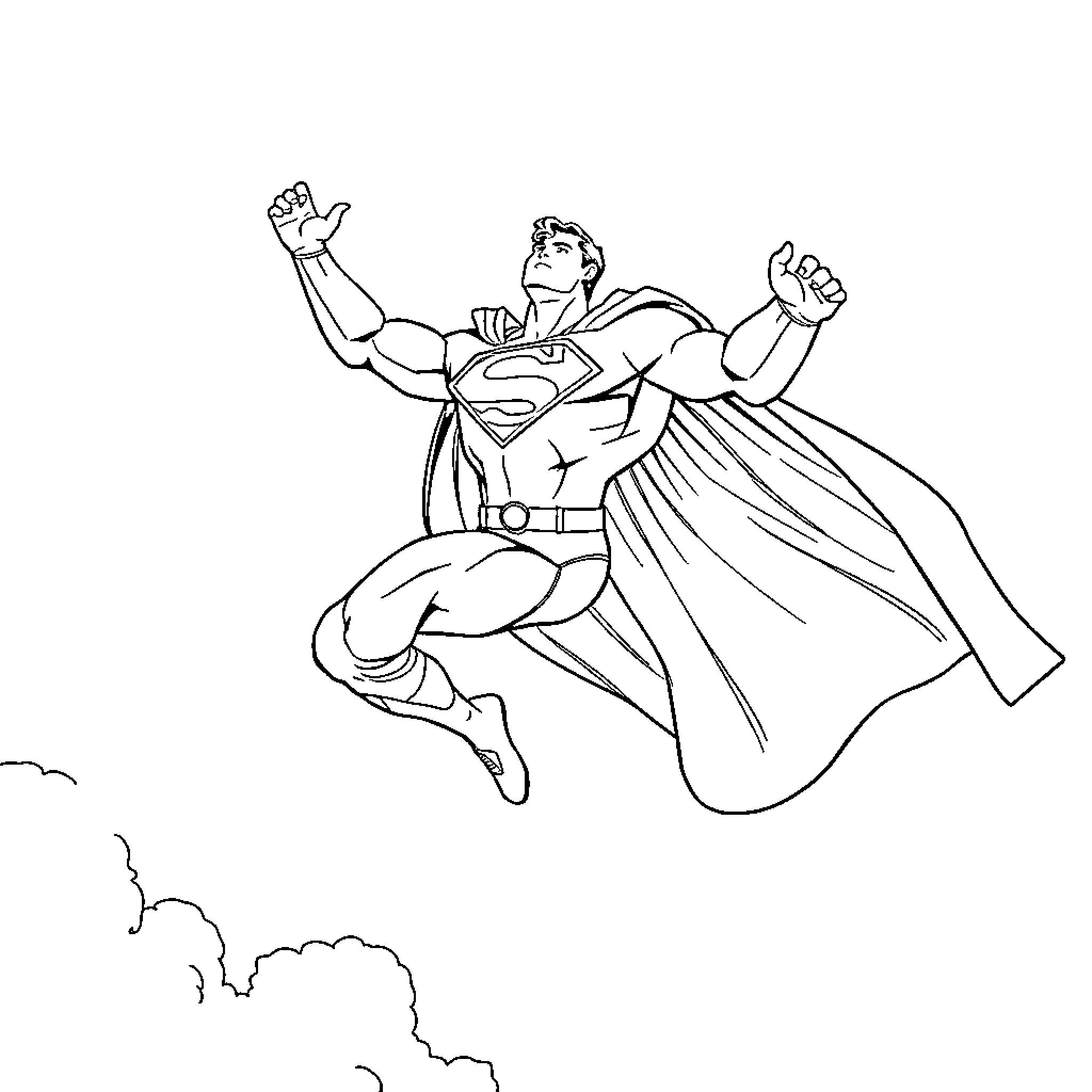 Superman Soaring Through the Sky with Outstretched Arms Coloring Page (free black-and-white line drawing printable PDF for all, from beginners to advanced learners, including children, teens, adults, and seniors)