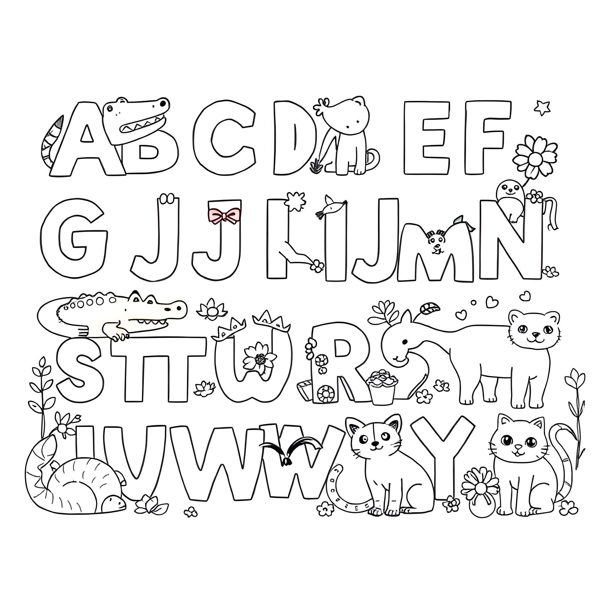 Animal Alphabet with Cute Creatures Coloring Page (free black-and-white line drawing printable PDF for all, from beginners to advanced learners, including children, teens, adults, and seniors)