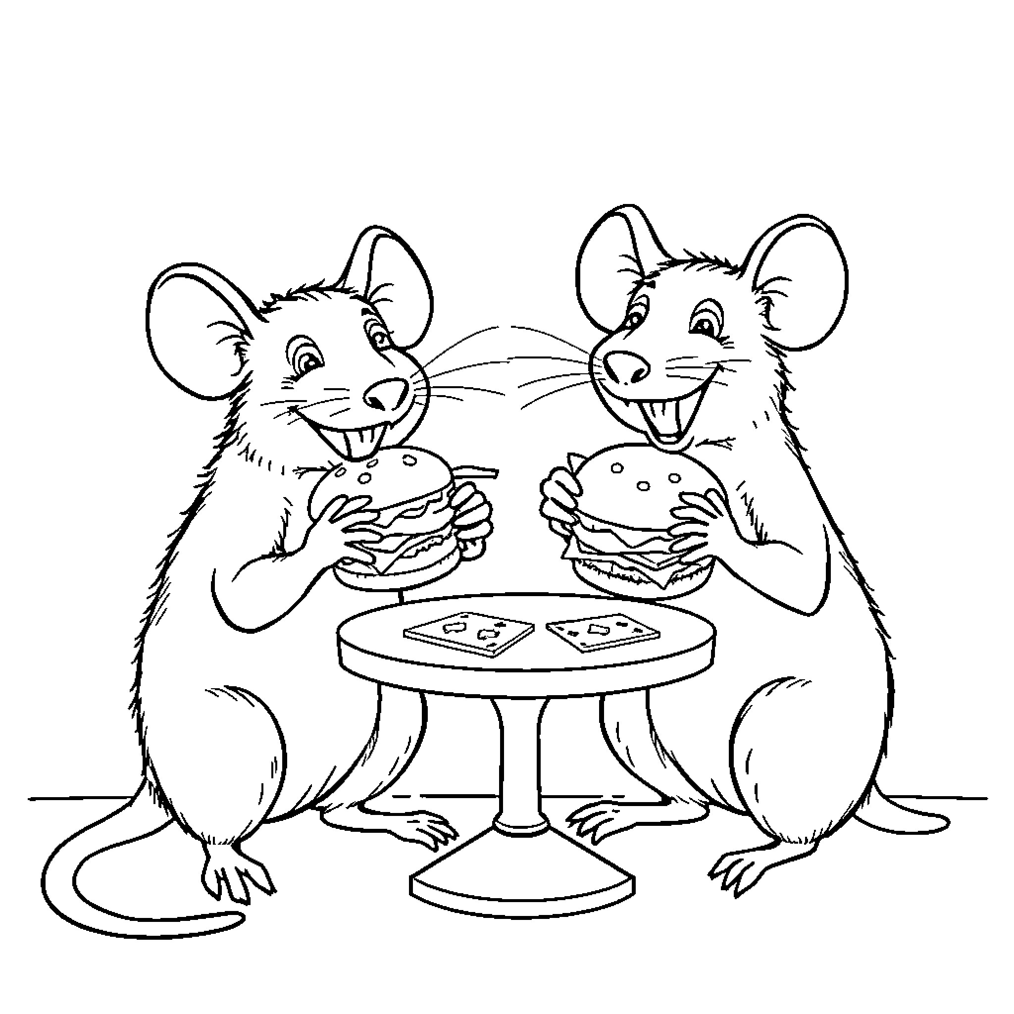 Rat friends enjoying tasty burgers together Coloring Page (free black-and-white line drawing printable PDF for all, from beginners to advanced learners, including children, teens, adults, and seniors)