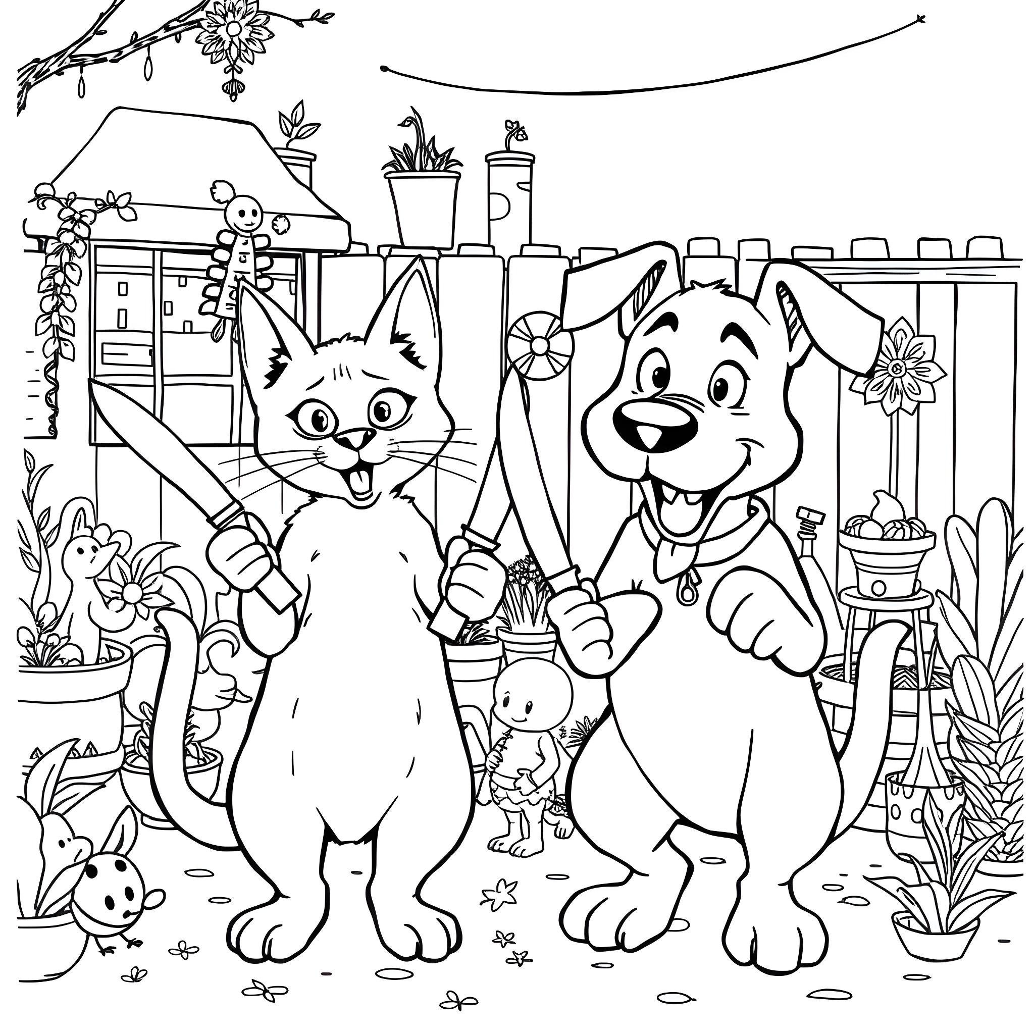 Cat and Dog Playing in the Garden Coloring Page (free black-and-white line drawing printable PDF for all, from beginners to advanced learners, including children, teens, adults, and seniors)