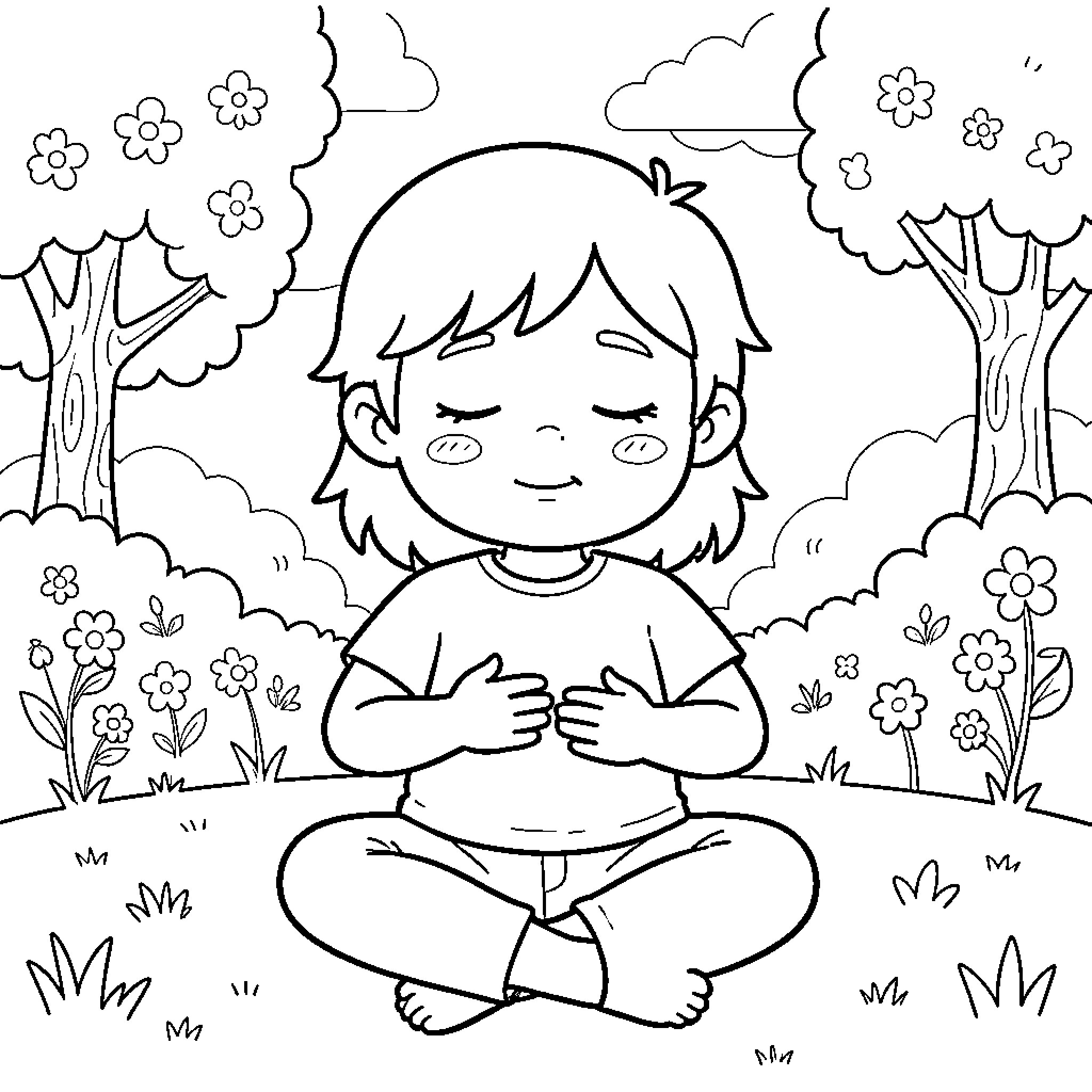 Child sitting peacefully in a garden while meditating Coloring Page (free black-and-white line drawing printable PDF for all, from beginners to advanced learners, including children, teens, adults, and seniors)