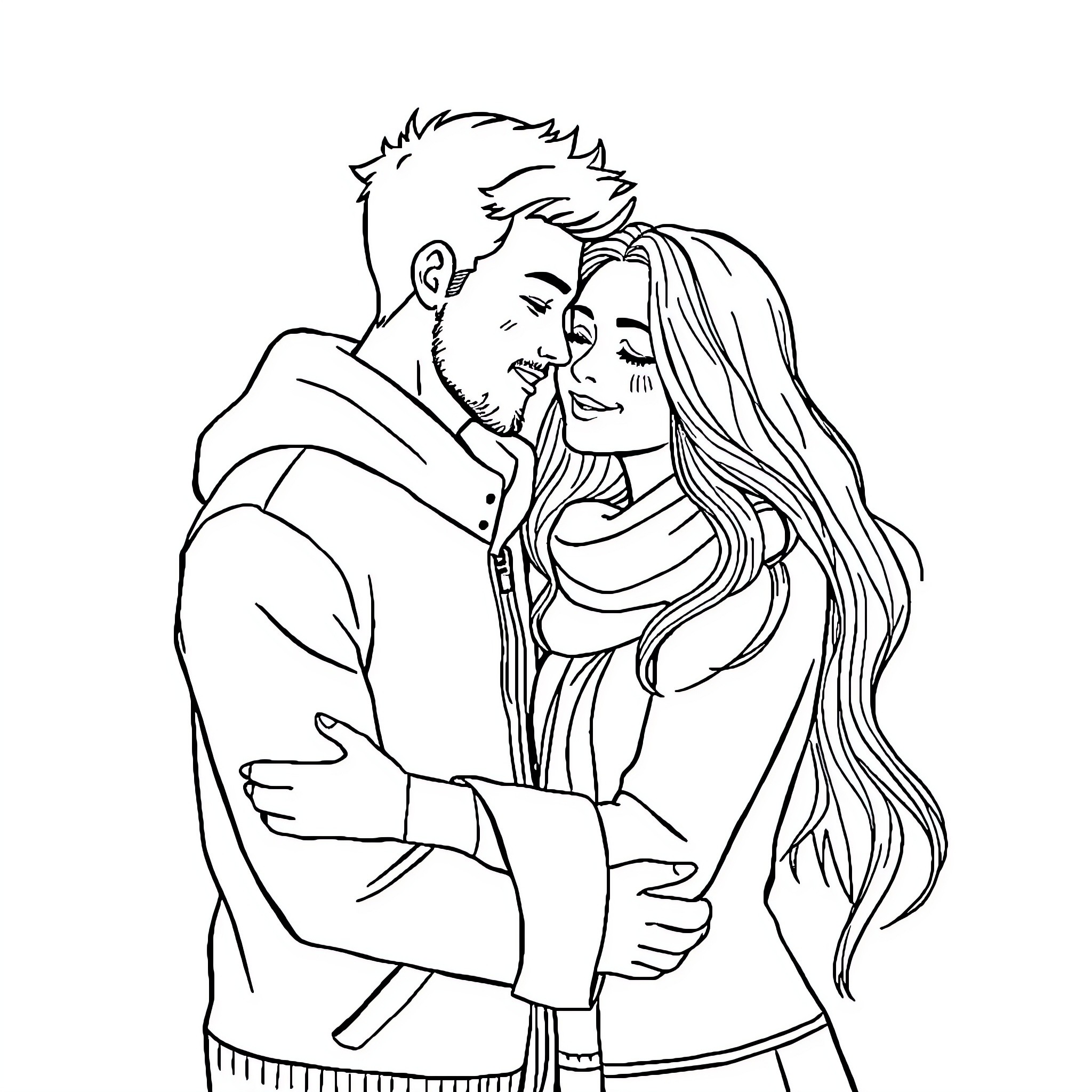 Love's Embrace: A Tender Moment Shared Coloring Page (free black-and-white line drawing printable PDF for all, from beginners to advanced learners, including children, teens, adults, and seniors)