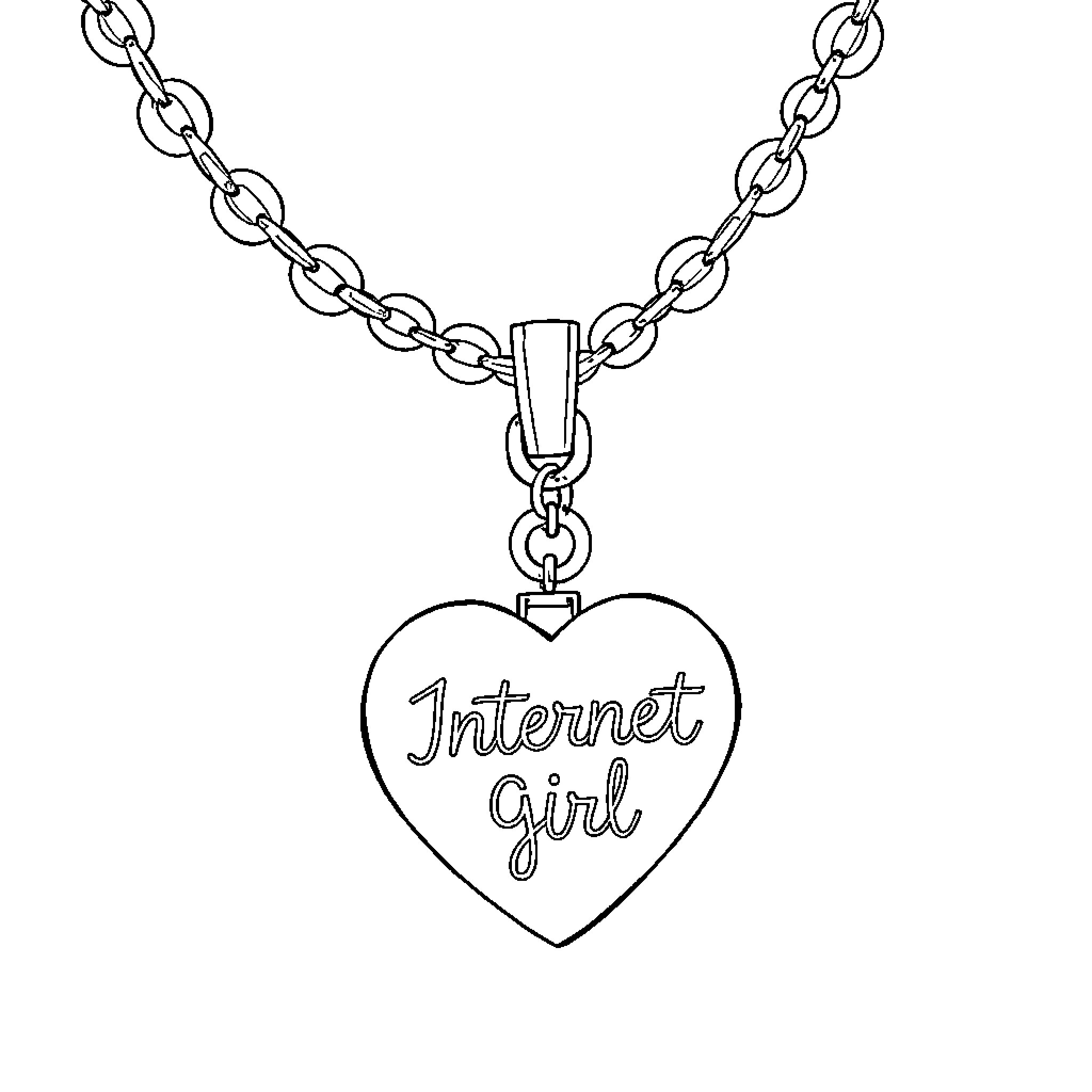 Necklace with Heart Pendant Depicting 'Internet Girl' Coloring Page (free black-and-white line drawing printable PDF for all, from beginners to advanced learners, including children, teens, adults, and seniors)