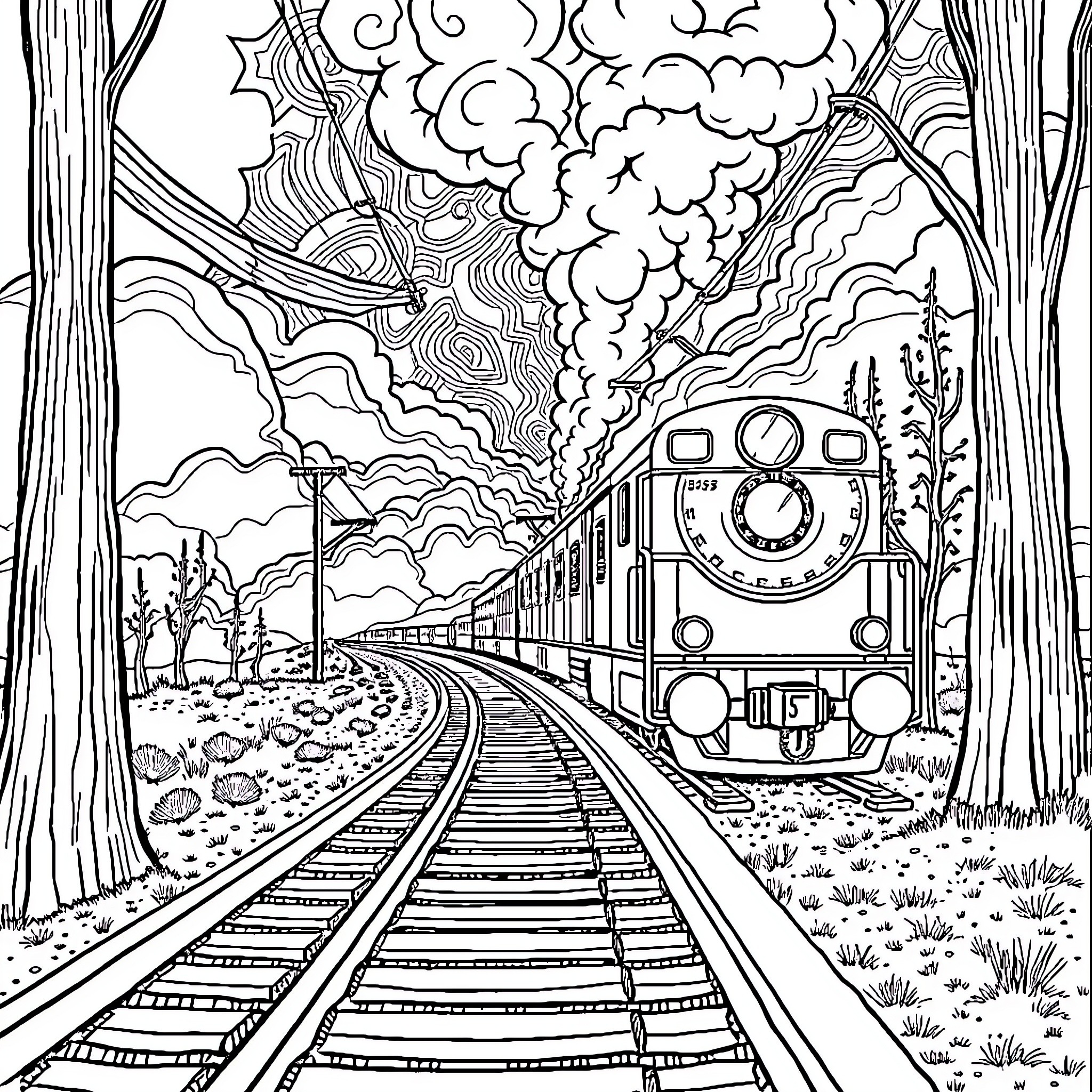 Train travelling through dramatic landscape Coloring Page (free black-and-white line drawing printable PDF for all, from beginners to advanced learners, including children, teens, adults, and seniors)