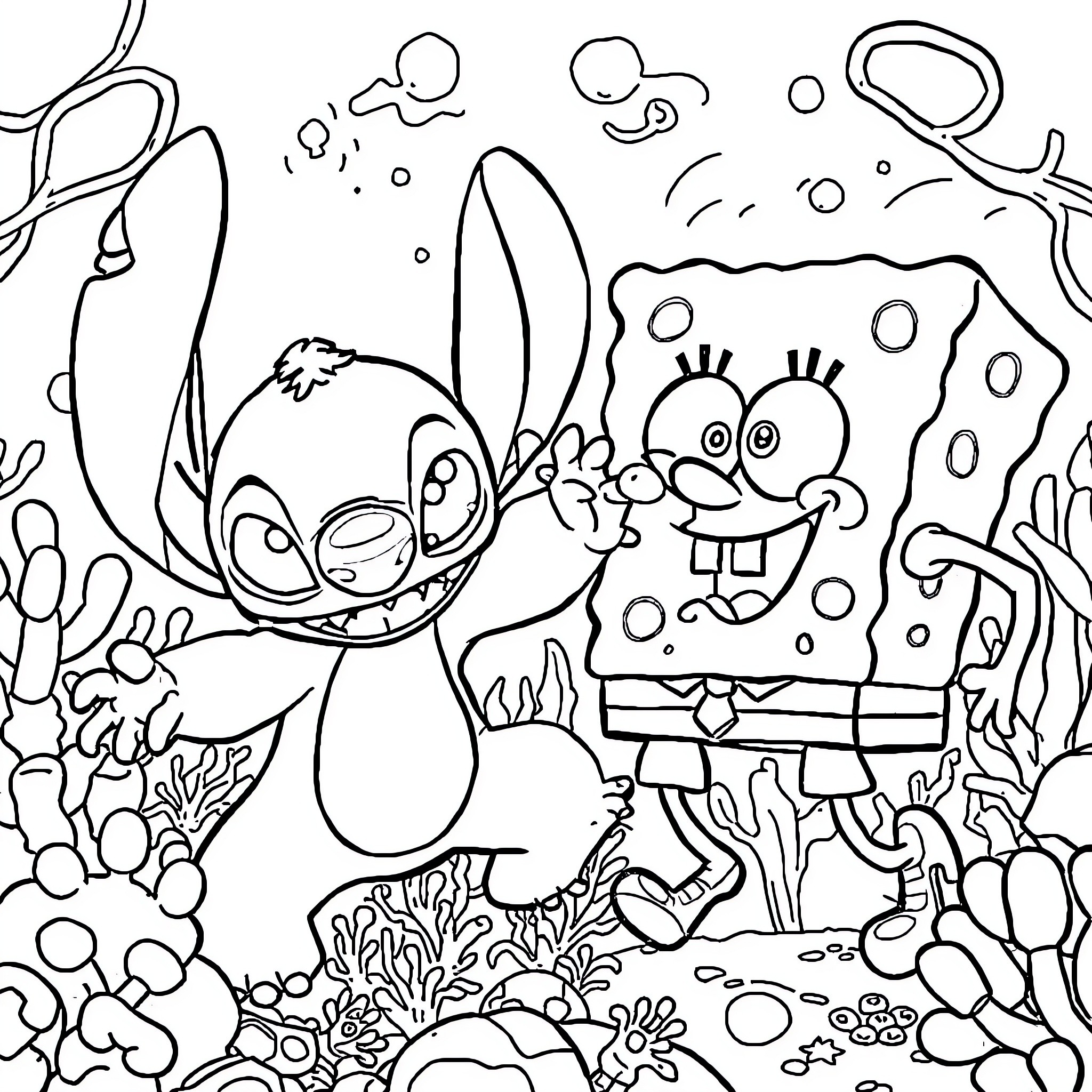 Stitch and SpongeBob Explore the Underwater World Coloring Page (free black-and-white line drawing printable PDF for all, from beginners to advanced learners, including children, teens, adults, and seniors)