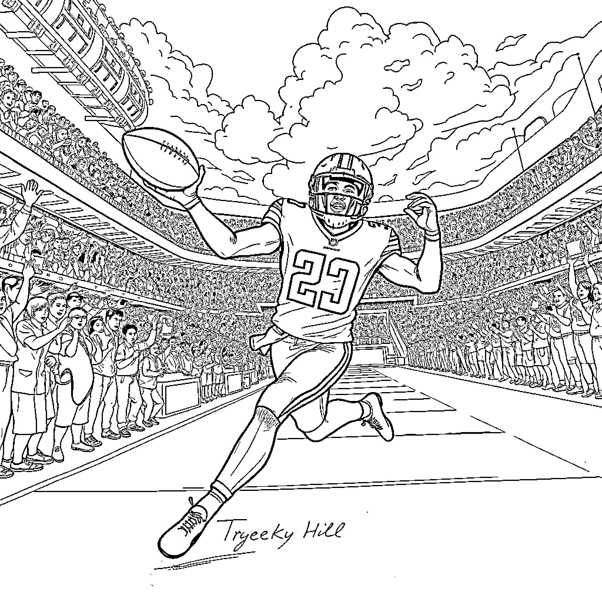Tyreek Hill running with football in stadium Coloring Page (free black-and-white line drawing printable PDF for all, from beginners to advanced learners, including children, teens, adults, and seniors)