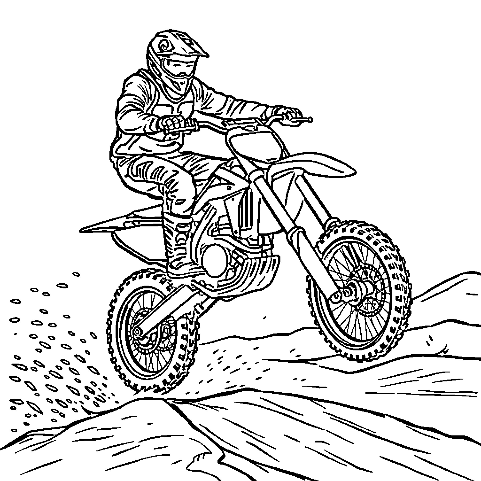 Dirt Bike Rider Navigating Rugged Terrain Coloring Page (free black-and-white line drawing printable PDF for all, from beginners to advanced learners, including children, teens, adults, and seniors)