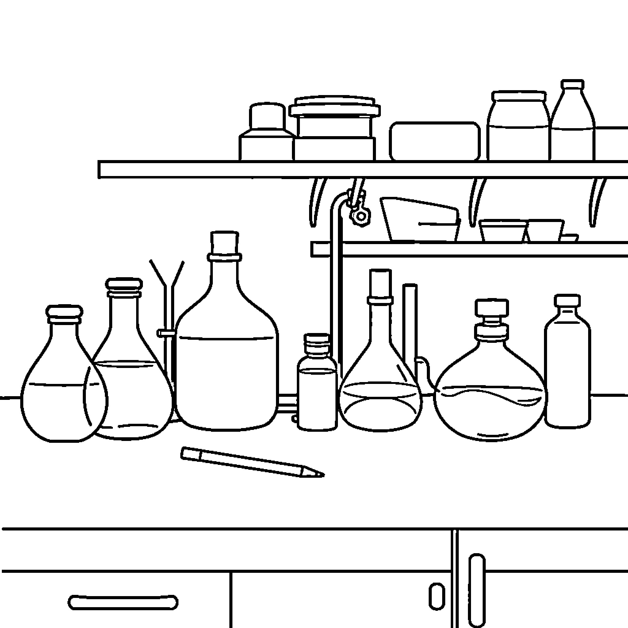 Laboratory Equipment Displaying Various Scientific Apparatus Coloring Page (free black-and-white line drawing printable PDF for all, from beginners to advanced learners, including children, teens, adults, and seniors)