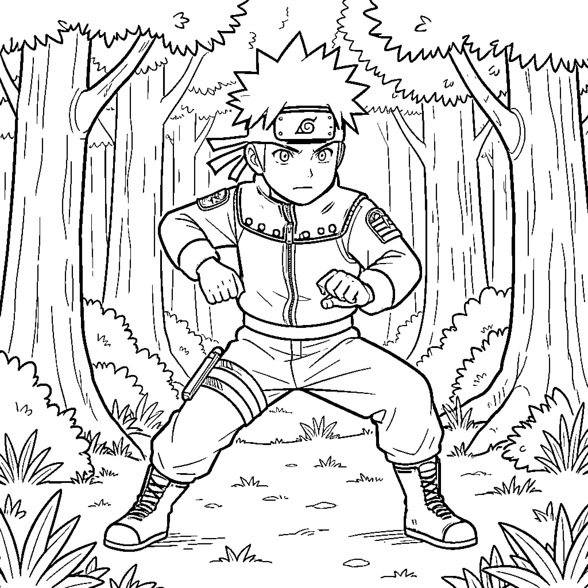 Naruto standing in a combat stance in the forest Coloring Page (free black-and-white line drawing printable PDF for all, from beginners to advanced learners, including children, teens, adults, and seniors)