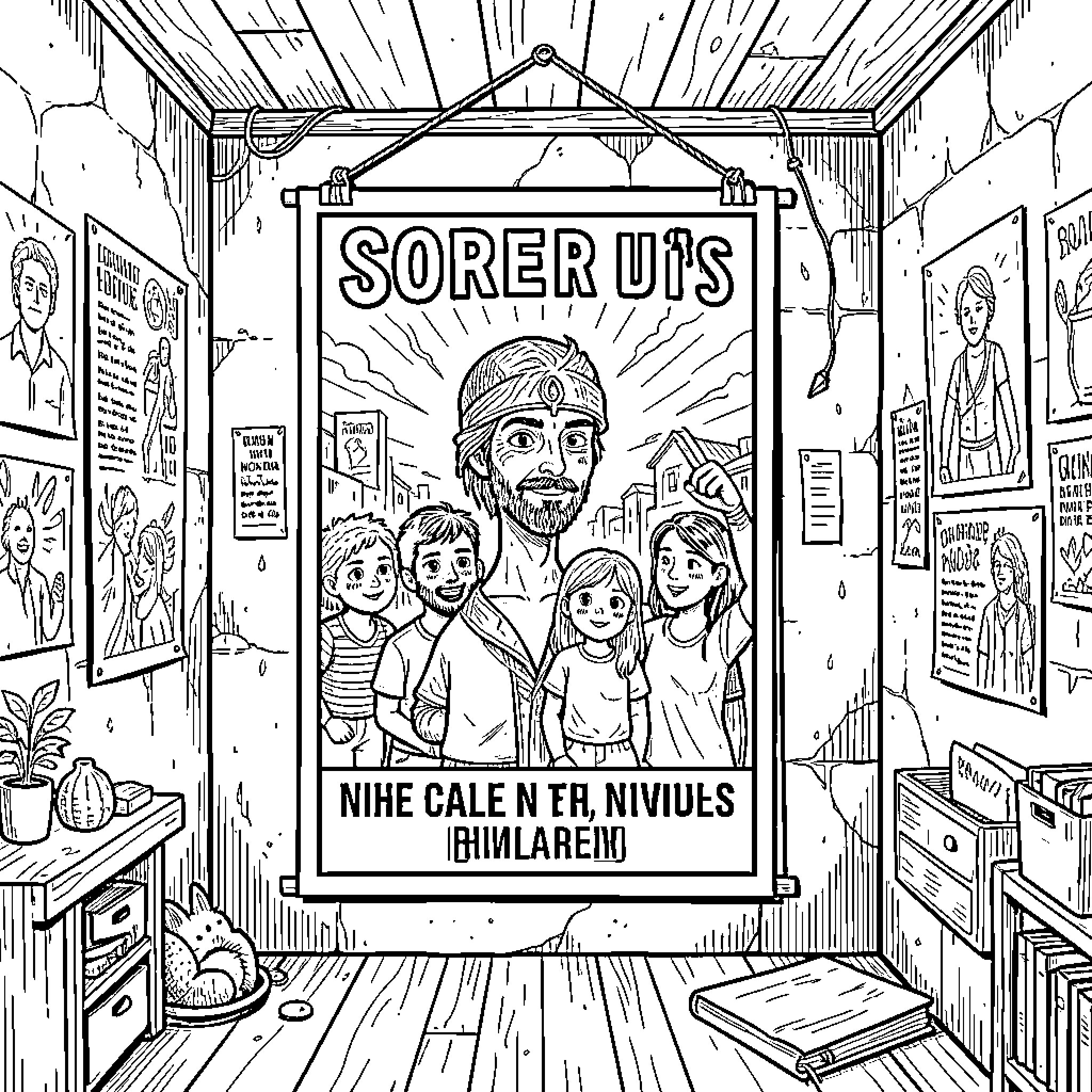 Room featuring a large poster of a family group Coloring Page (free black-and-white line drawing printable PDF for all, from beginners to advanced learners, including children, teens, adults, and seniors)