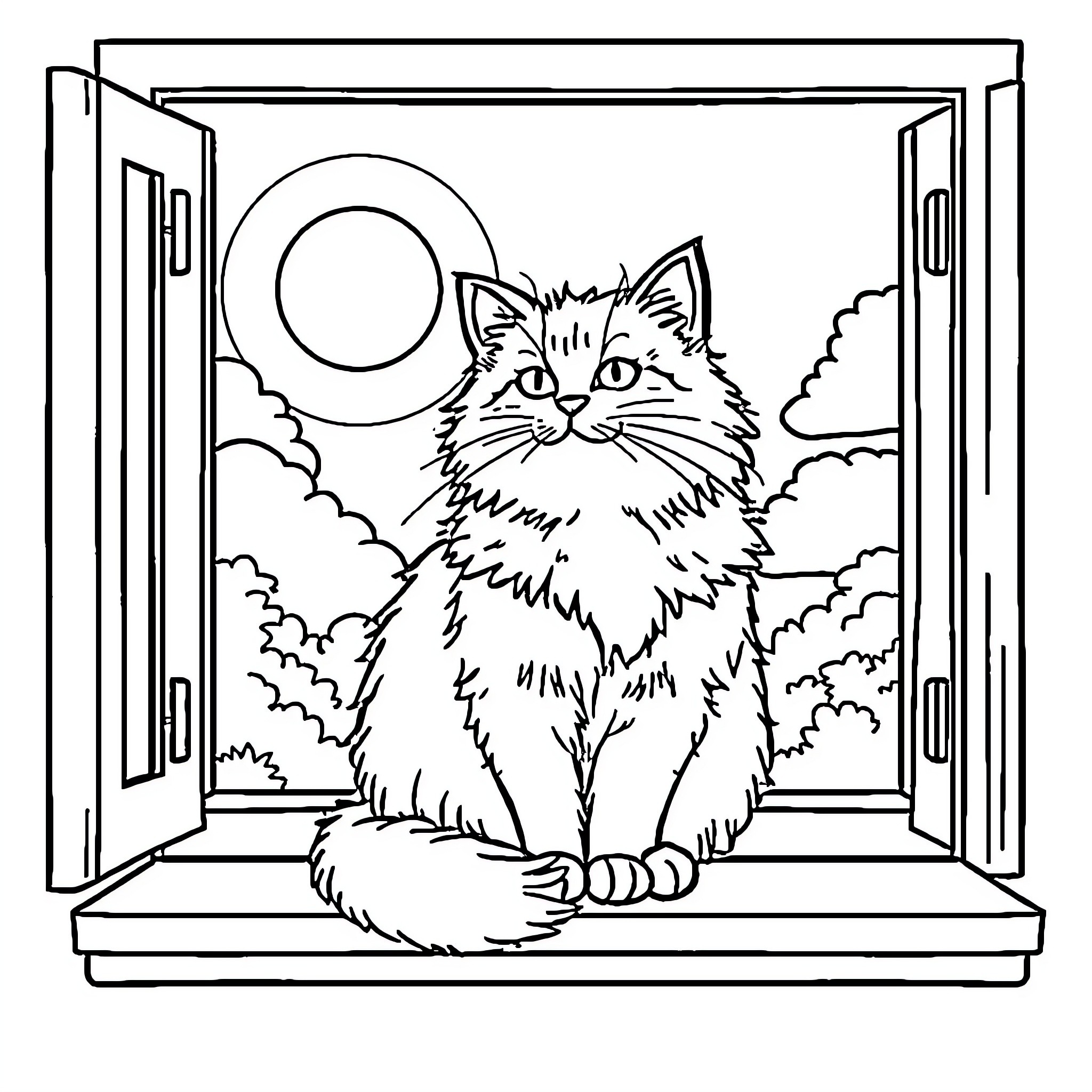 Cat gazing out the window at the night sky Coloring Page (free black-and-white line drawing printable PDF for all, from beginners to advanced learners, including children, teens, adults, and seniors)