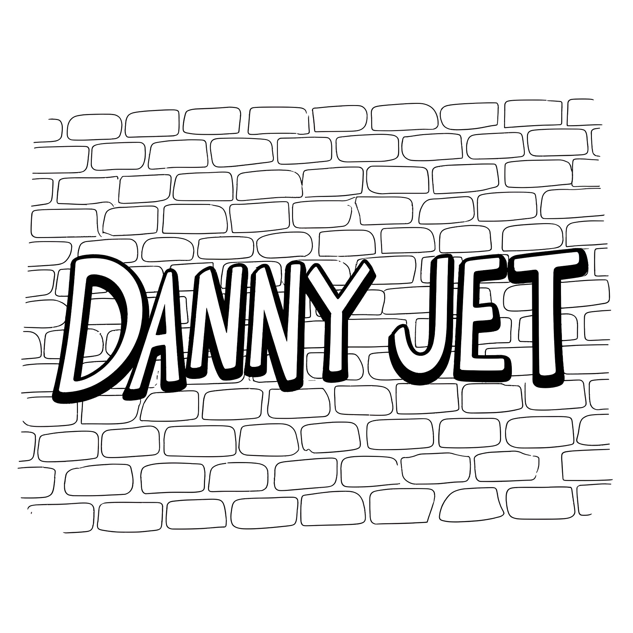 Danny Jet graffiti on a brick wall Coloring Page (free black-and-white line drawing printable PDF for all, from beginners to advanced learners, including children, teens, adults, and seniors)