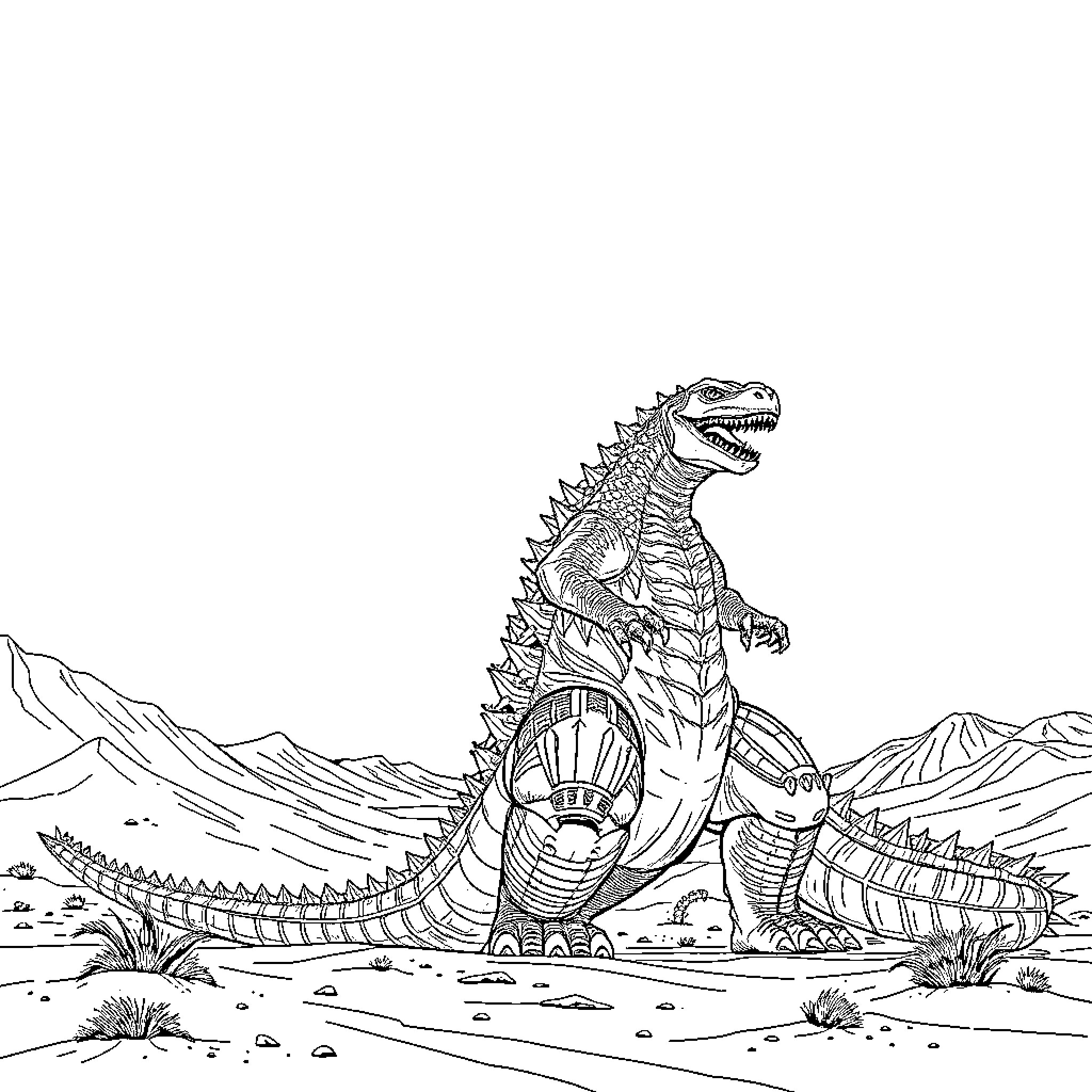 Godzilla attacking a medieval castle in the wilderness Coloring Page (free black-and-white line drawing printable PDF for all, from beginners to advanced learners, including children, teens, adults, and seniors)