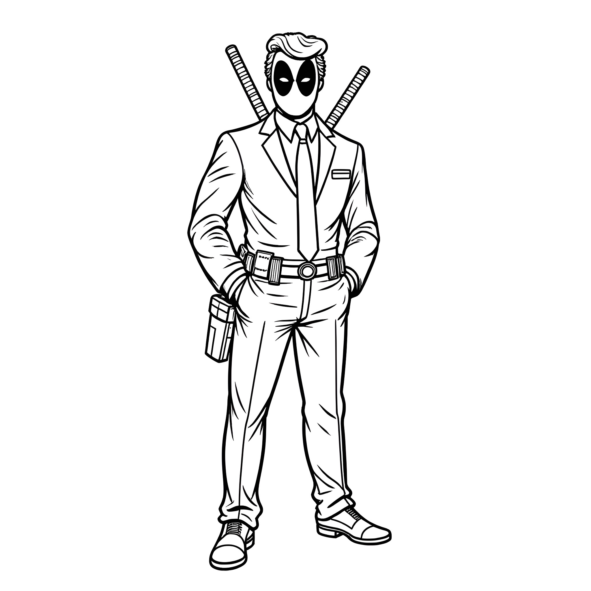 Deadpool in Formal Attire with Swords Coloring Page (free black-and-white line drawing printable PDF for all, from beginners to advanced learners, including children, teens, adults, and seniors)