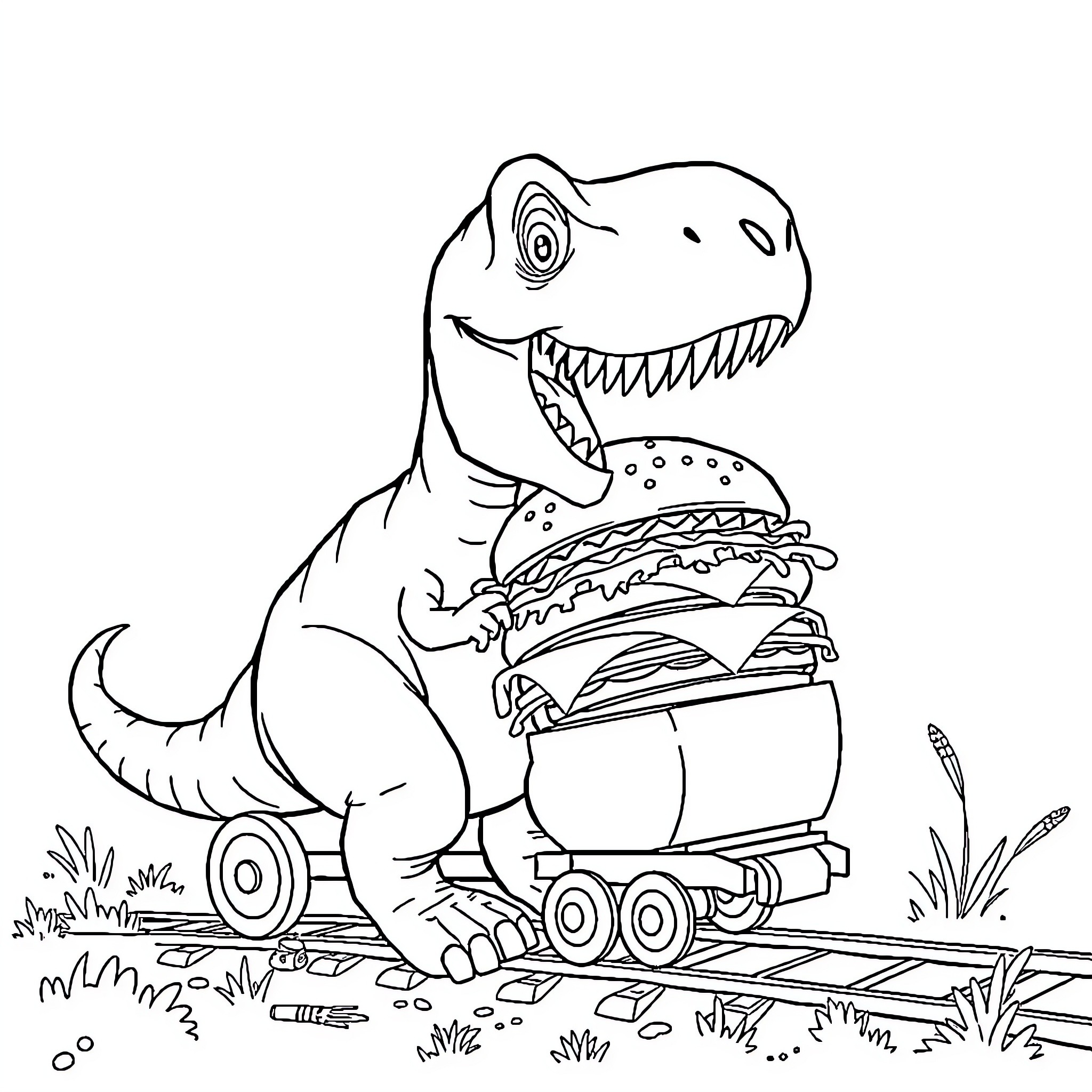 Dinosaur riding a skateboard with a giant burger Coloring Page (free black-and-white line drawing printable PDF for all, from beginners to advanced learners, including children, teens, adults, and seniors)