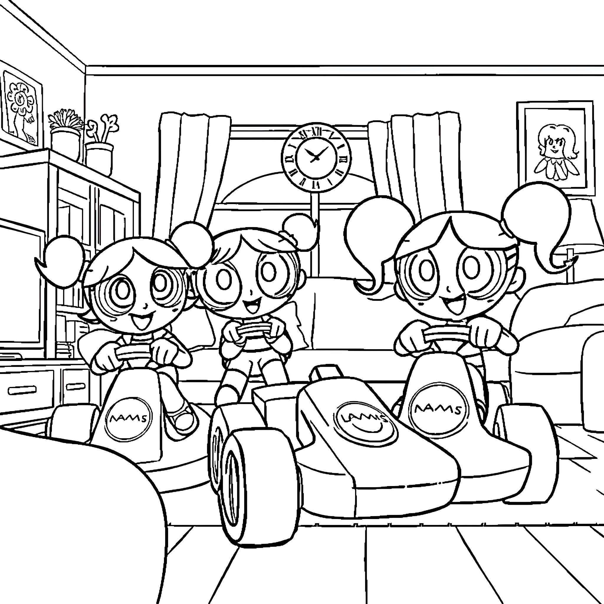 Powerpuff Girls playing video games together at home Coloring Page (free black-and-white line drawing printable PDF for all, from beginners to advanced learners, including children, teens, adults, and seniors)