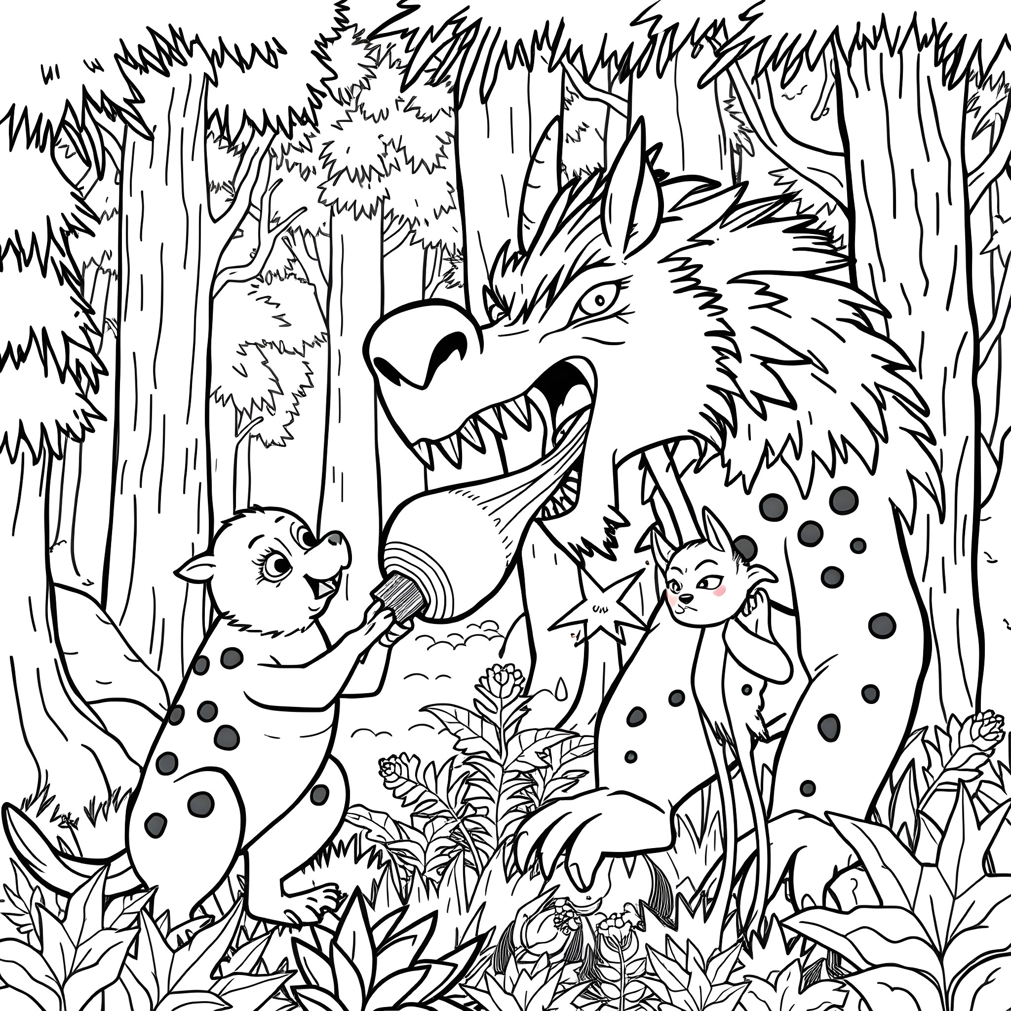 Ciaccona: Whimsical creatures frolicking in the forest Coloring Page (free black-and-white line drawing printable PDF for all, from beginners to advanced learners, including children, teens, adults, and seniors)