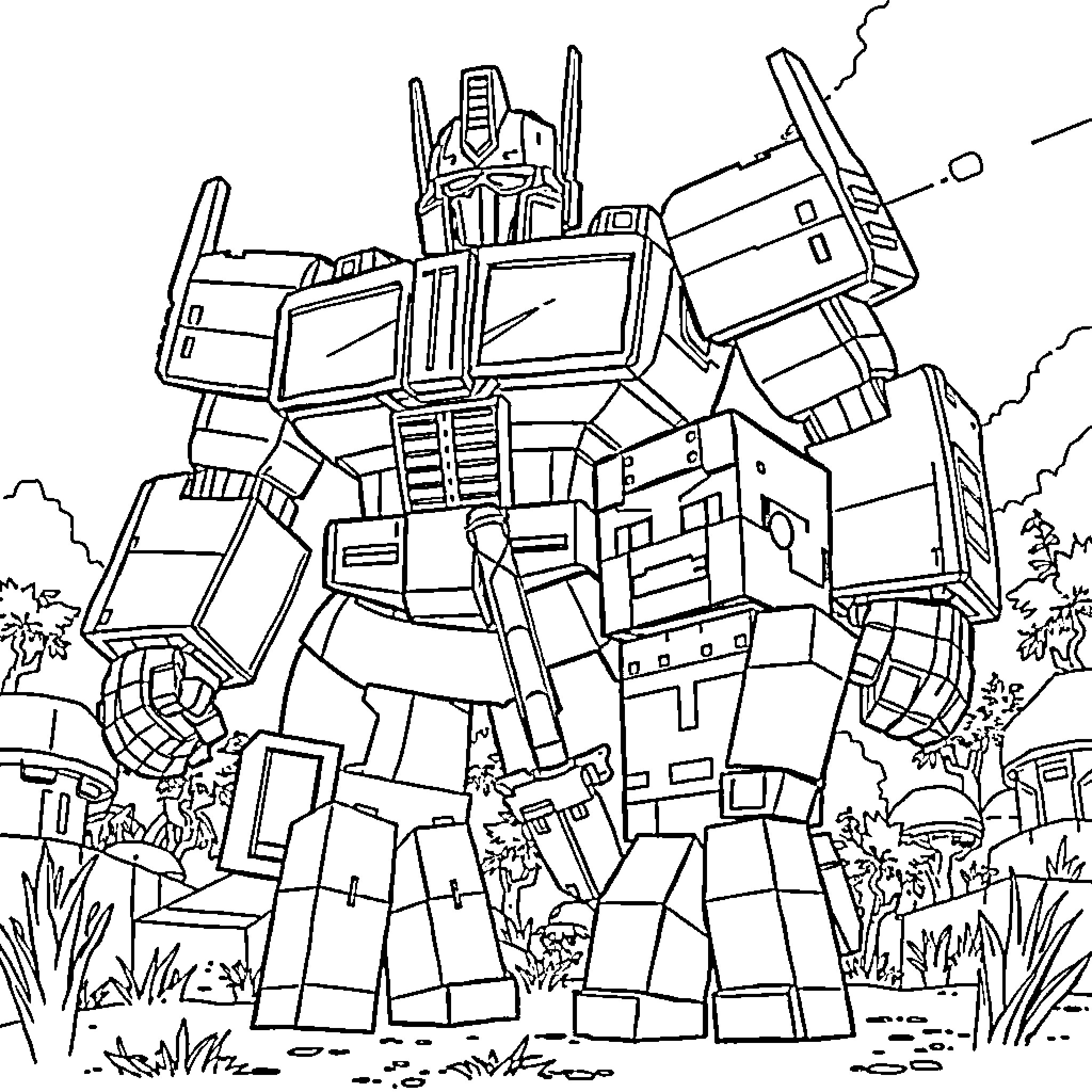 Steve's heroic robot stands tall against the backdrop Coloring Page (free black-and-white line drawing printable PDF for all, from beginners to advanced learners, including children, teens, adults, and seniors)