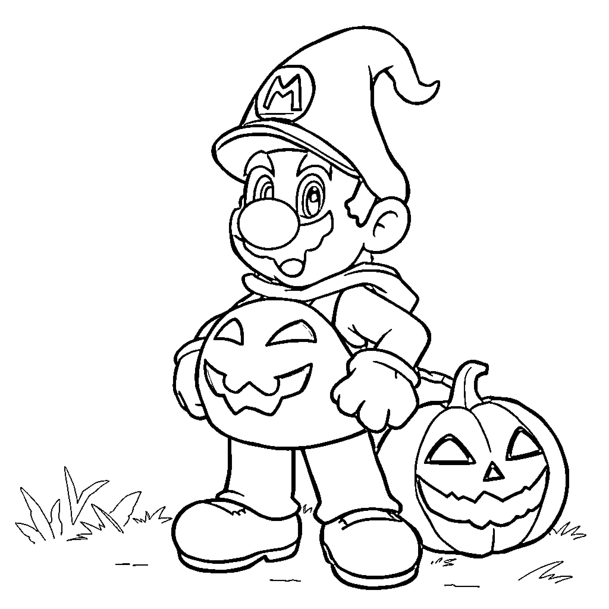 Mario Trick-or-Treating with Pumpkin Coloring Page (free black-and-white line drawing printable PDF for all, from beginners to advanced learners, including children, teens, adults, and seniors)