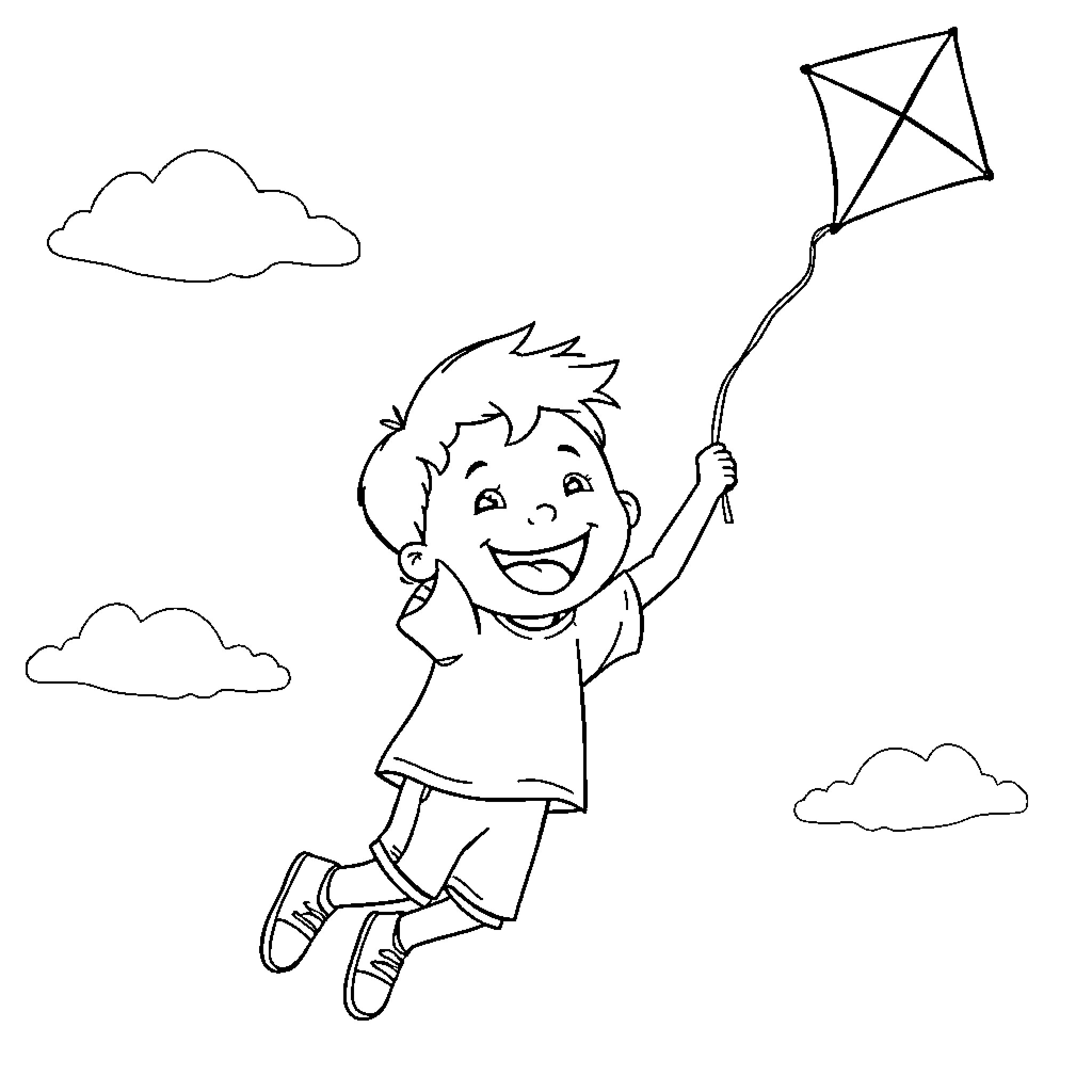Kid flying a kite on a sunny day Coloring Page (free black-and-white line drawing printable PDF for all, from beginners to advanced learners, including children, teens, adults, and seniors)