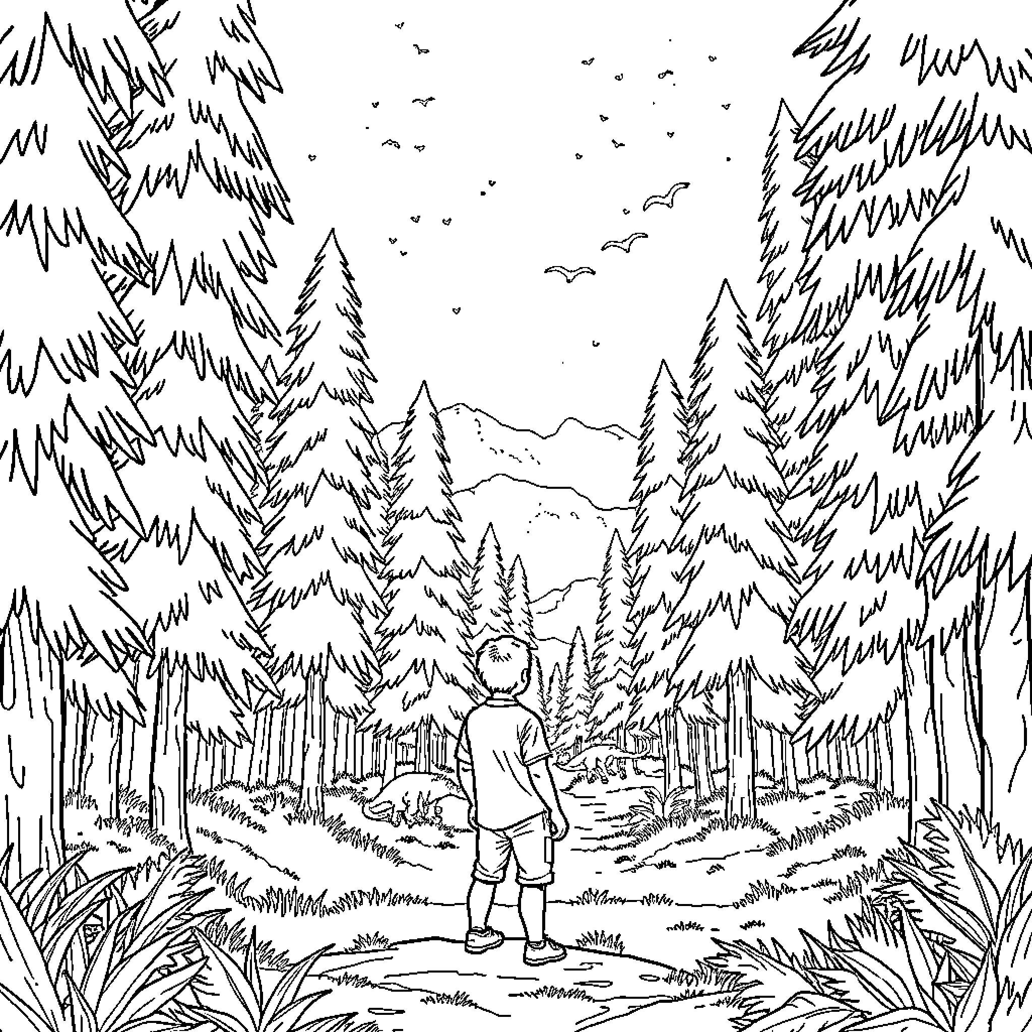 Frodo exploring the enchanted forest Coloring Page (free black-and-white line drawing printable PDF for all, from beginners to advanced learners, including children, teens, adults, and seniors)