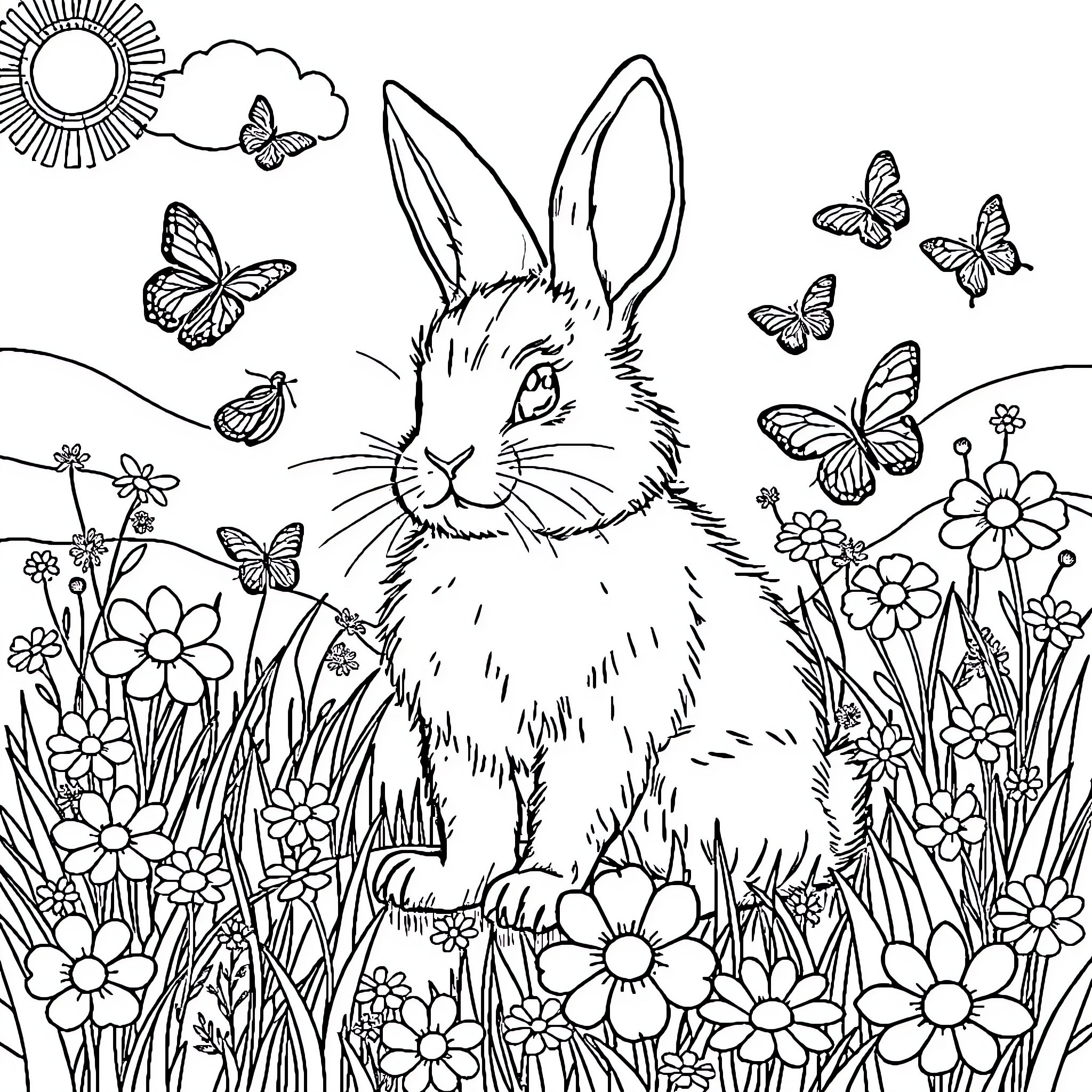 Bunny amid Flowers and Butterflies Coloring Page (free black-and-white line drawing printable PDF for all, from beginners to advanced learners, including children, teens, adults, and seniors)