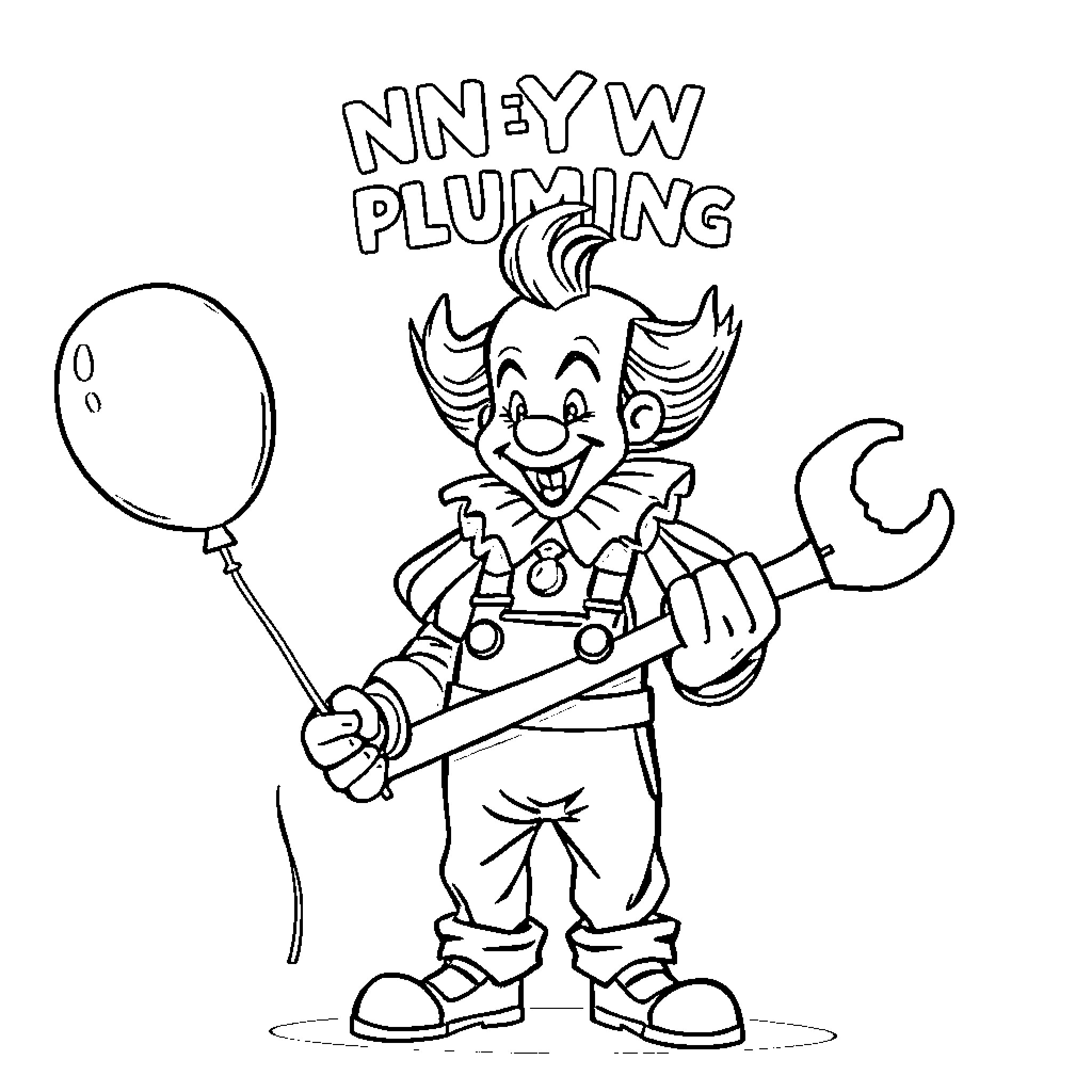 Pennywise the Clown Plumbing with Balloon Coloring Page (free black-and-white line drawing printable PDF for all, from beginners to advanced learners, including children, teens, adults, and seniors)