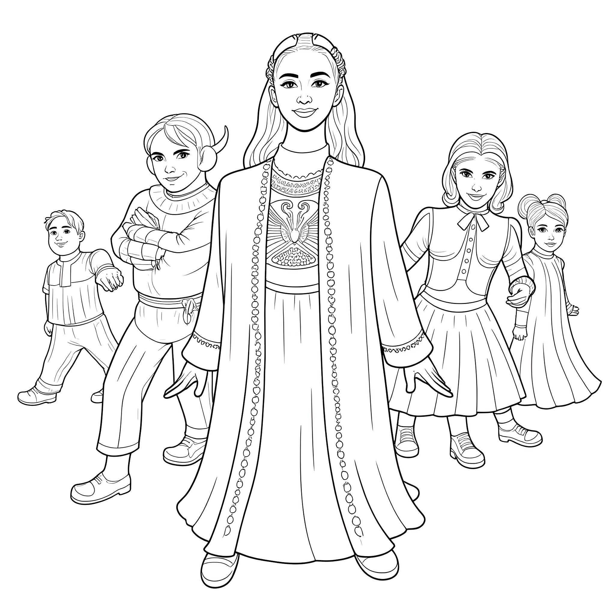 Wicked Wardrobe: Enchanting Family Fashion Coloring Page (free black-and-white line drawing printable PDF for all, from beginners to advanced learners, including children, teens, adults, and seniors)