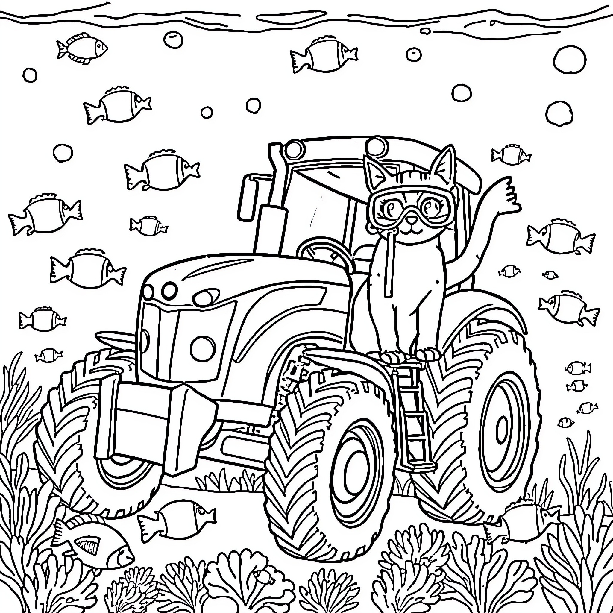 Tractor driving with a cat on underwater scene Coloring Page (free black-and-white line drawing printable PDF for all, from beginners to advanced learners, including children, teens, adults, and seniors)