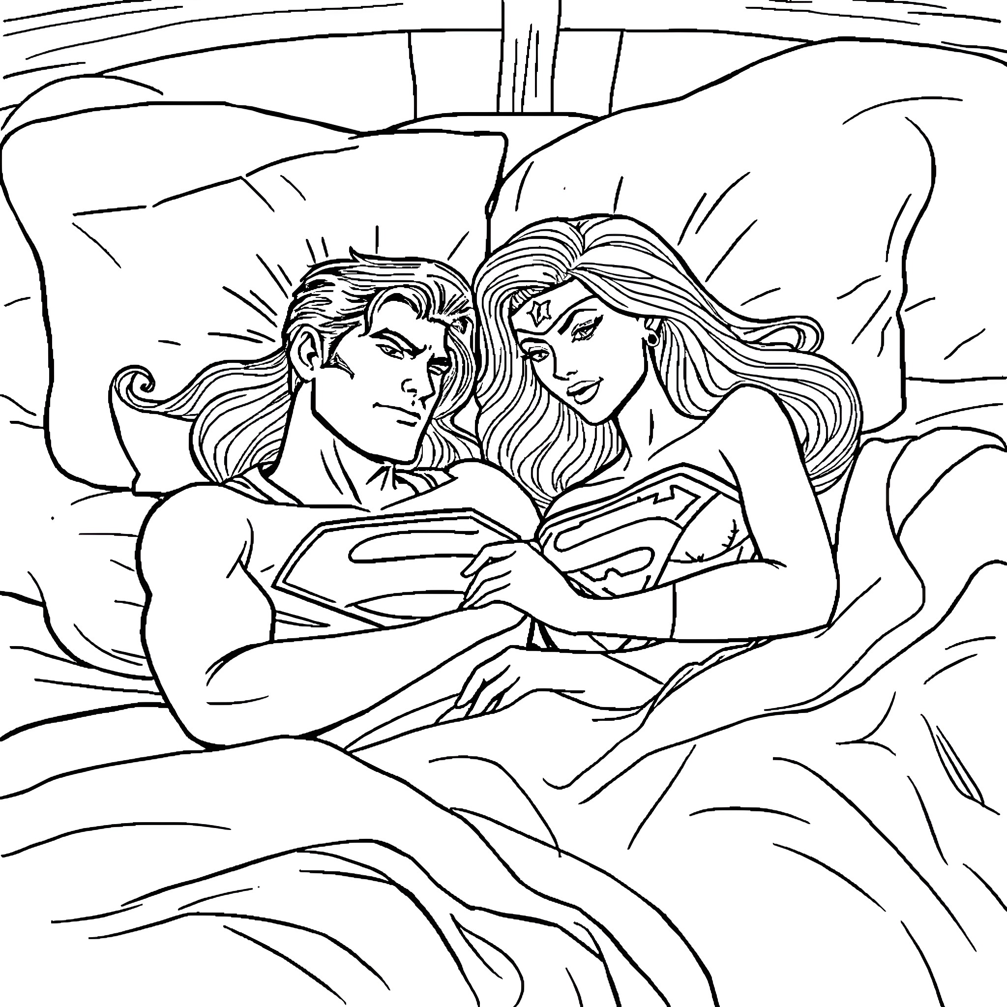 Superman and Superwoman in romantic embrace Coloring Page (free black-and-white line drawing printable PDF for all, from beginners to advanced learners, including children, teens, adults, and seniors)