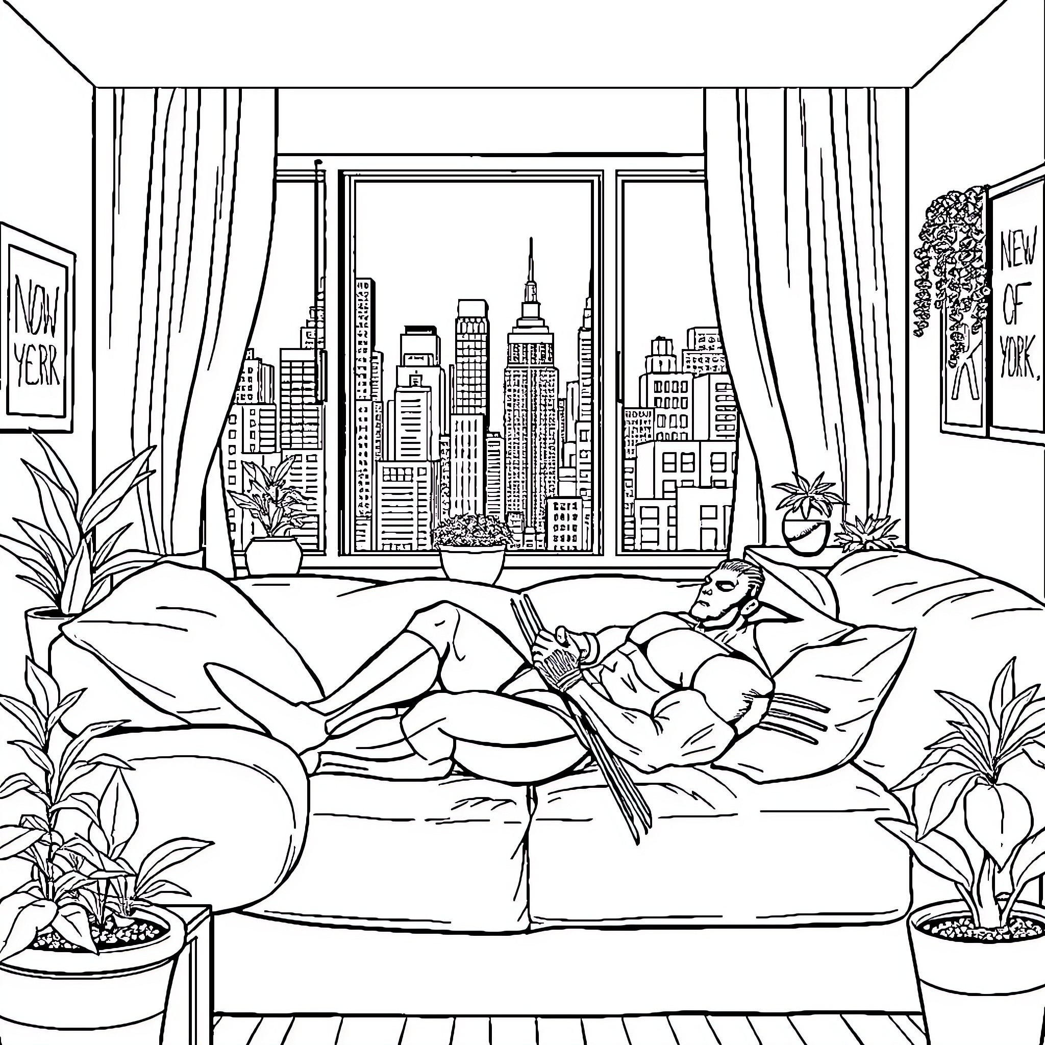 Wolverine relaxing on the couch in a New York apartment Coloring Page (free black-and-white line drawing printable PDF for all, from beginners to advanced learners, including children, teens, adults, and seniors)