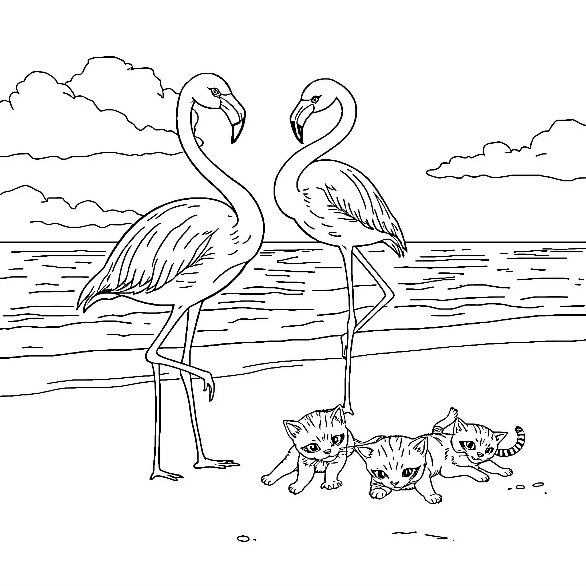 Flamingos standing near kittens on the beach Coloring Page (free black-and-white line drawing printable PDF for all, from beginners to advanced learners, including children, teens, adults, and seniors)