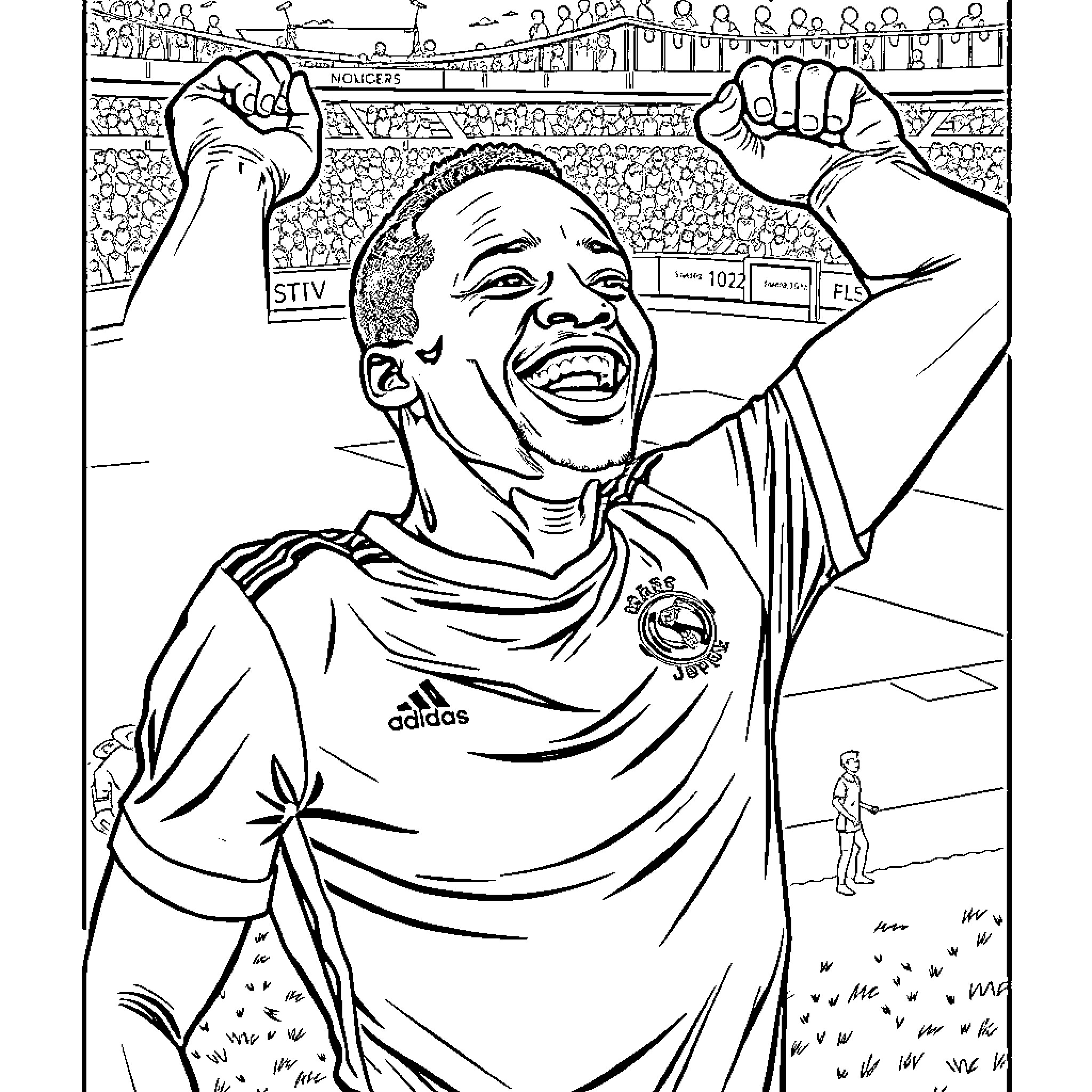 Mbappe celebrating joyfully in stadium Coloring Page (free black-and-white line drawing printable PDF for all, from beginners to advanced learners, including children, teens, adults, and seniors)